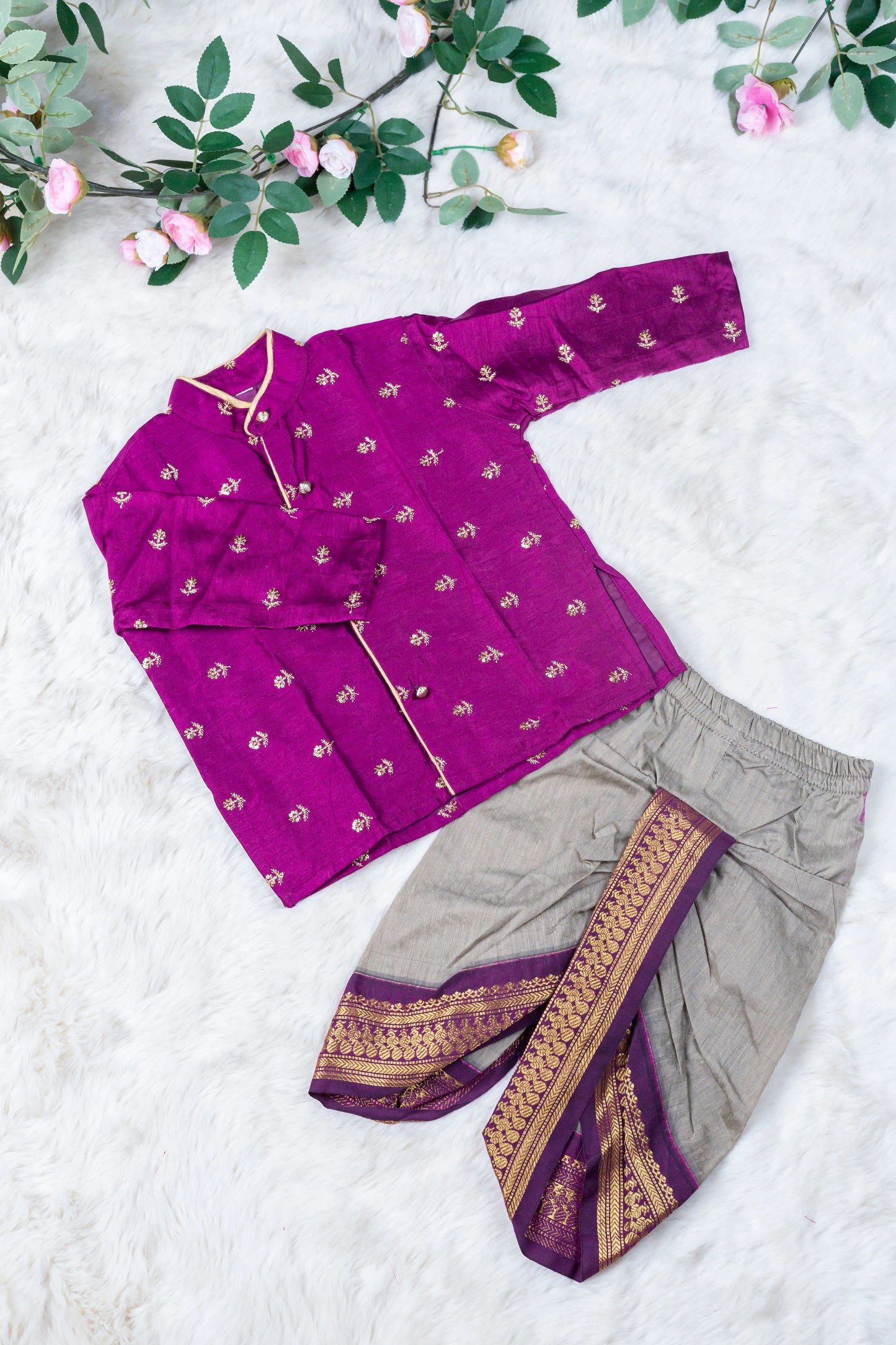 Grey and wine embroidered kurta dhoti ethnic dress for baby boy