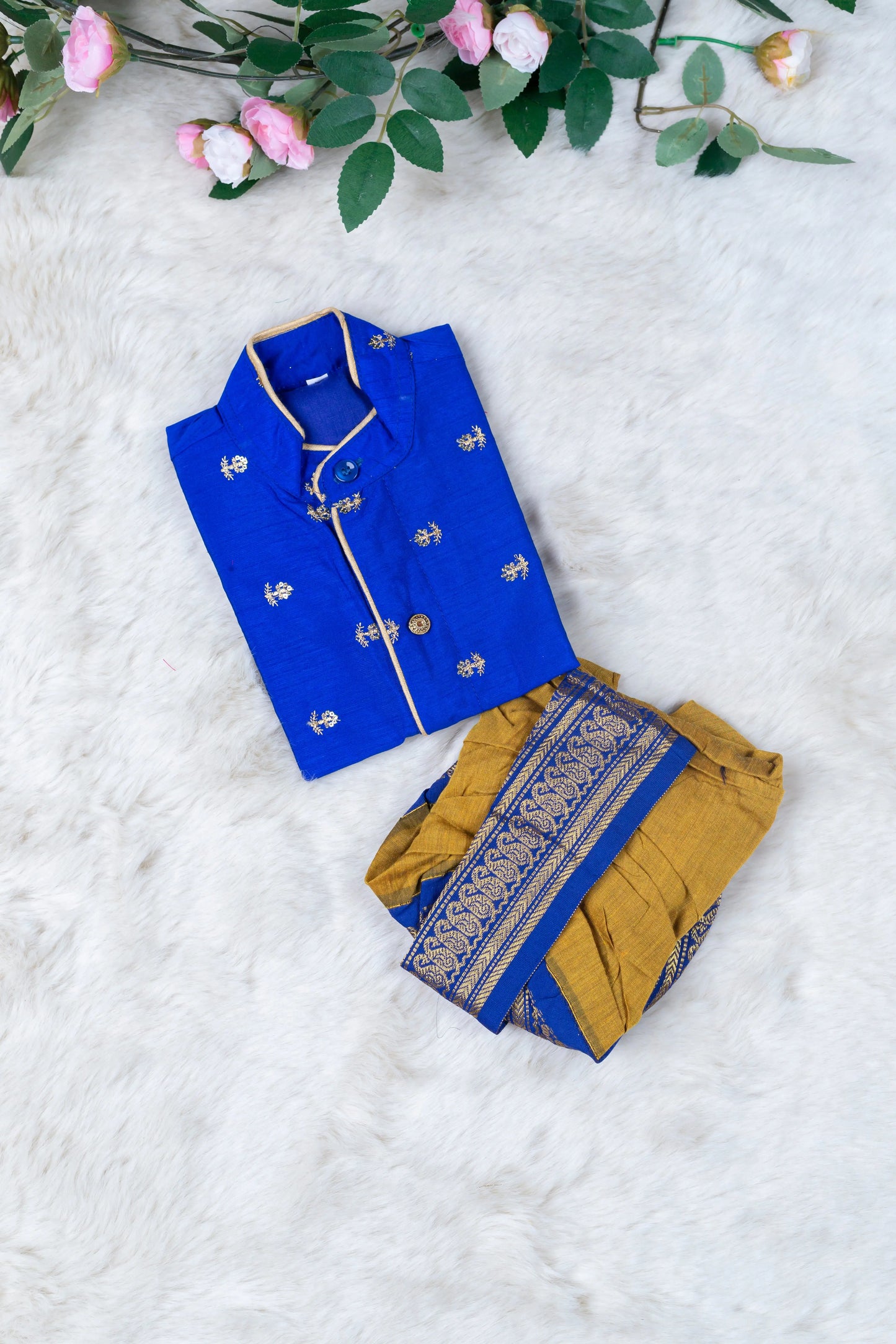 Mustard yellow and blue embroidered kurta dhoti ethnic dress for baby boy