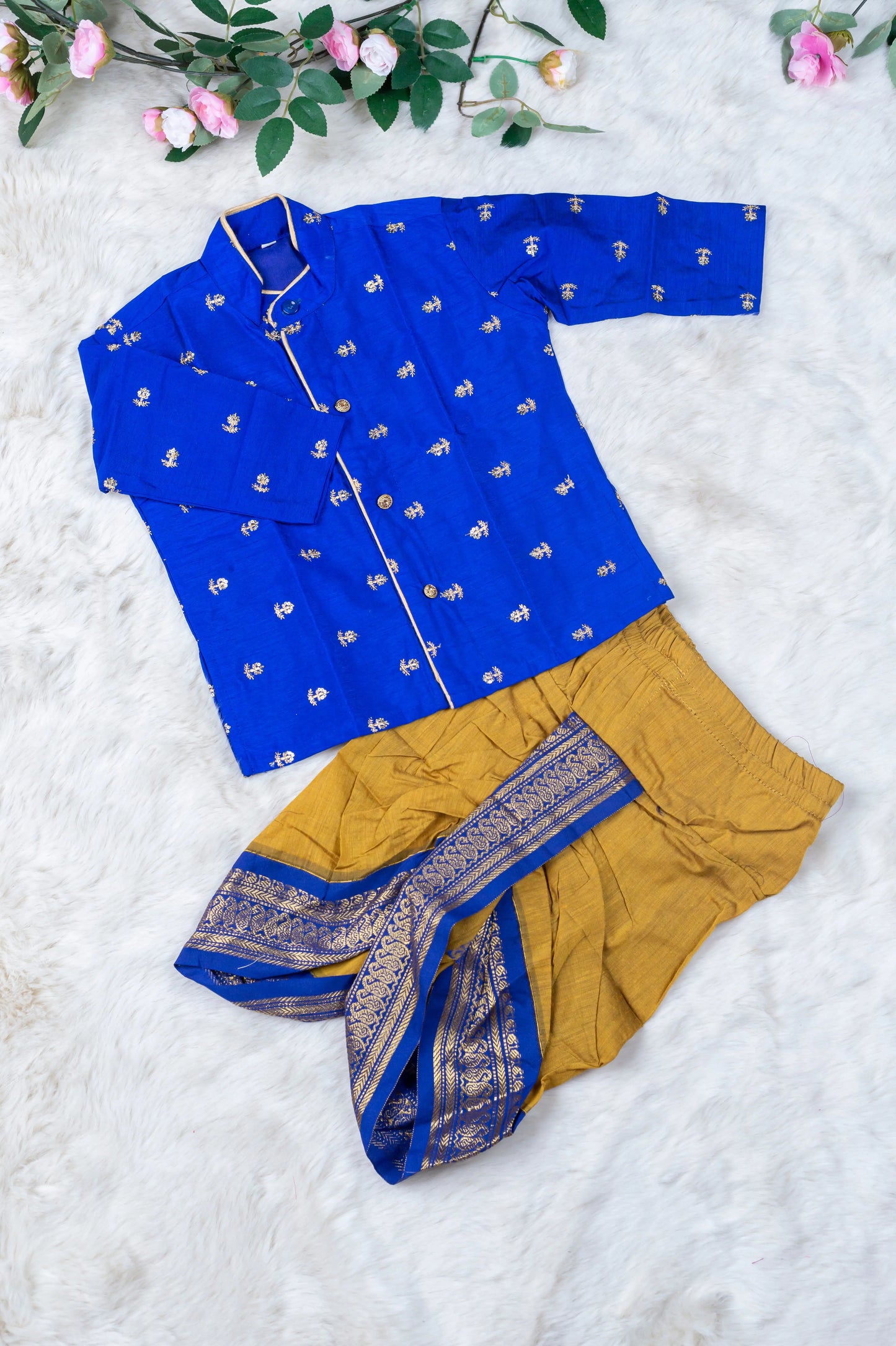 Mustard yellow and blue embroidered kurta dhoti ethnic dress for baby boy