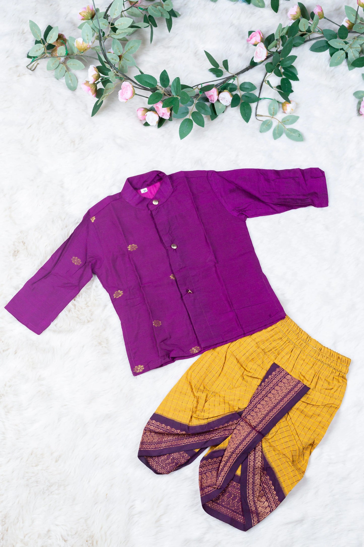 Checked Turmeric Yellow and wine kurta dhoti ethnic dress for baby boy