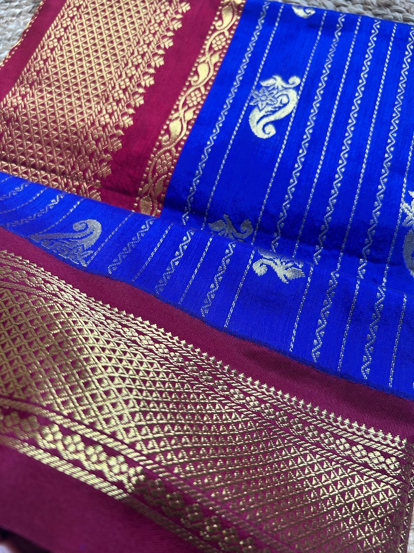 Royal Blue & Maroon-Pink Handloom Silk Cotton Saree with Gold Zari Paisley Border