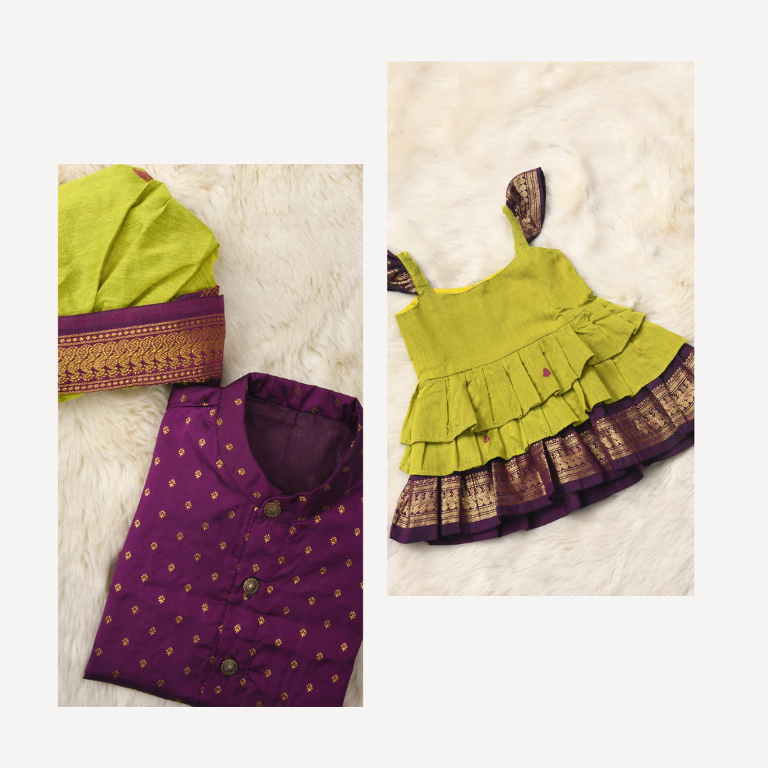 Wine and green sibling combo - ethnic wear for bro and sis twinning set