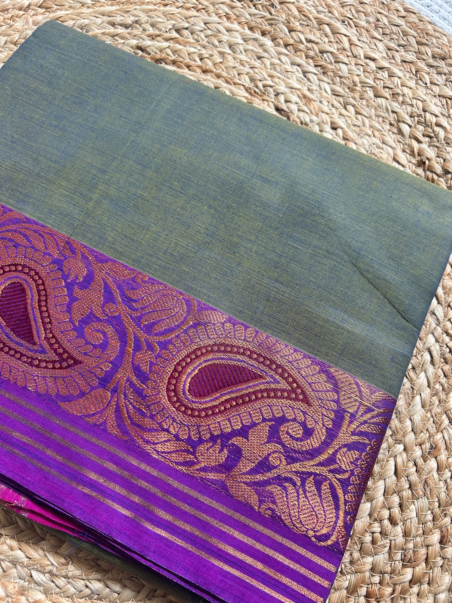 Ash Grey & Purple Handloom Silk Cotton Saree with Gold Zari Dotted Border