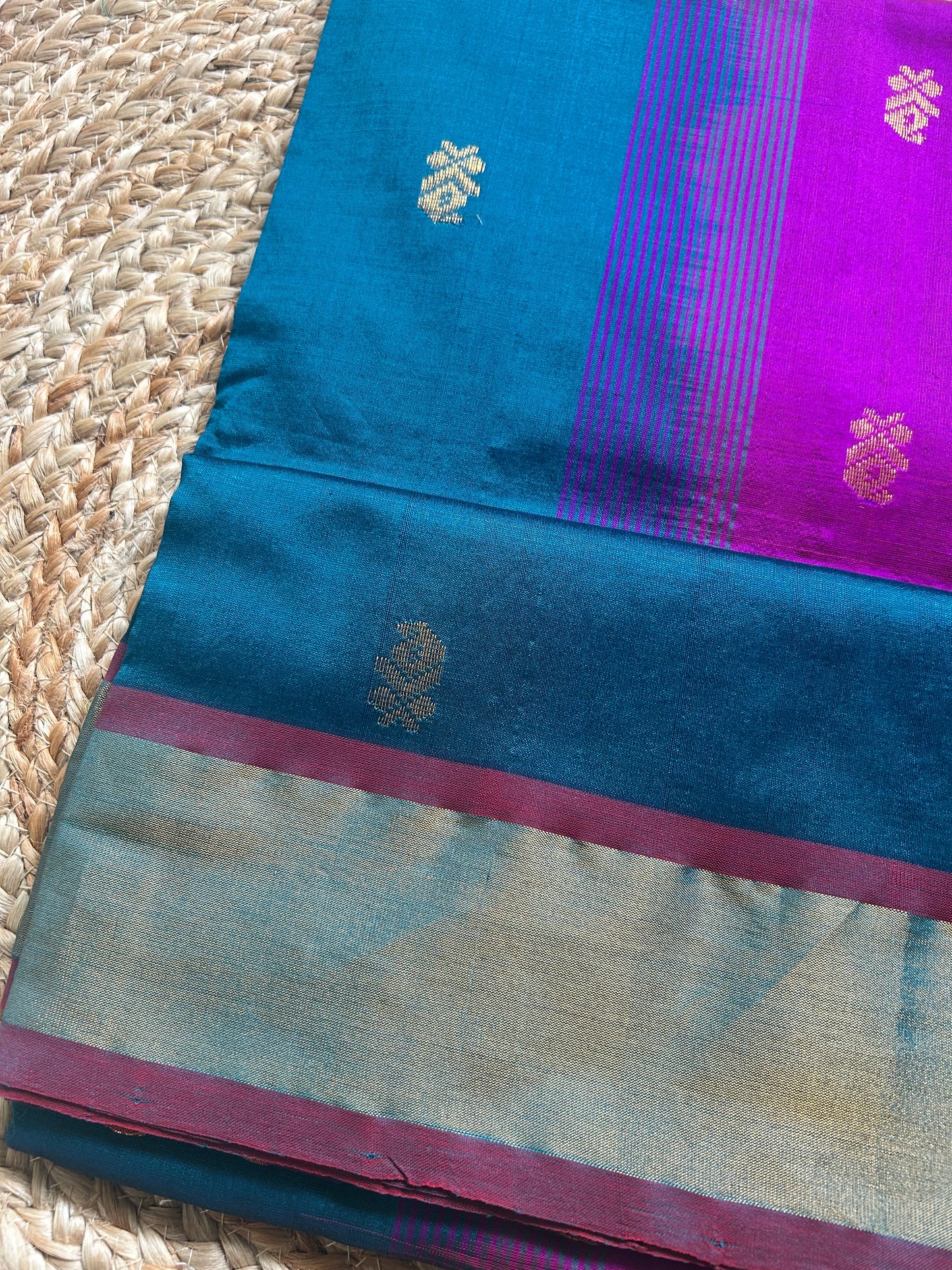 Peacock Teal & Magenta Handloom Silk Cotton Saree with Champagne Gold Border