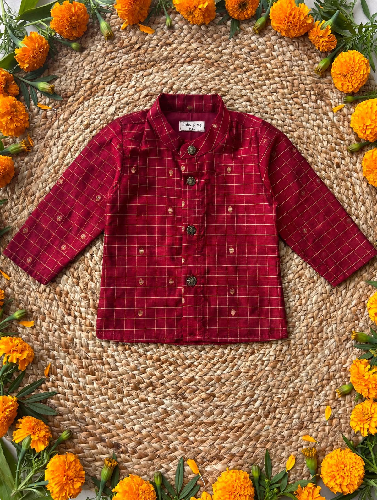 Maroon checks Kurta ( Top only ) for baby boy ethnic top wear