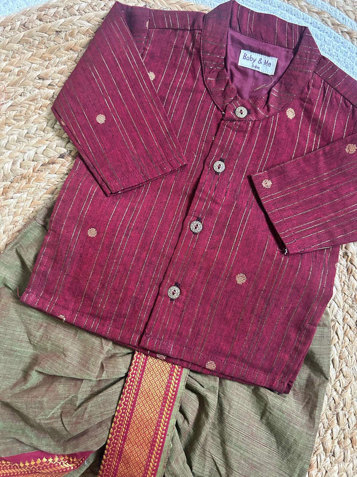 Maroon & Gold Striped Kurta with Sage Green Dhoti Traditional ethnic wear for baby boy