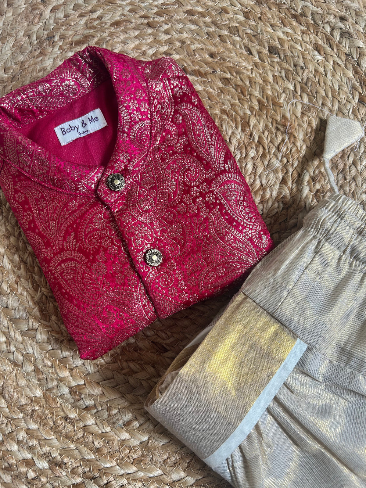 Grand Ethnic Celebration Pink Banarasi kurta with traditional gold dhoti ethnic wear for baby boy