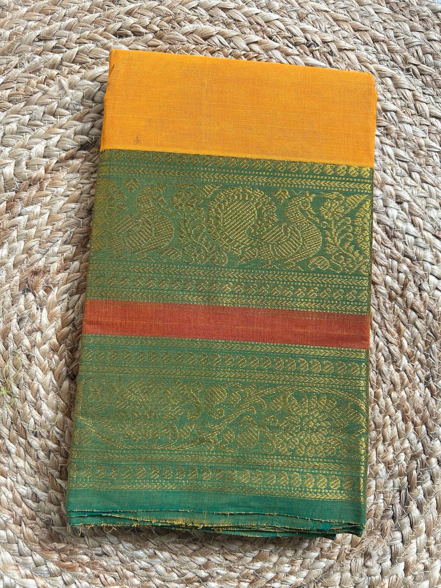 Mustard Yellow & Forest Green Handloom Silk Cotton Saree with Gold Zari Peacock Border