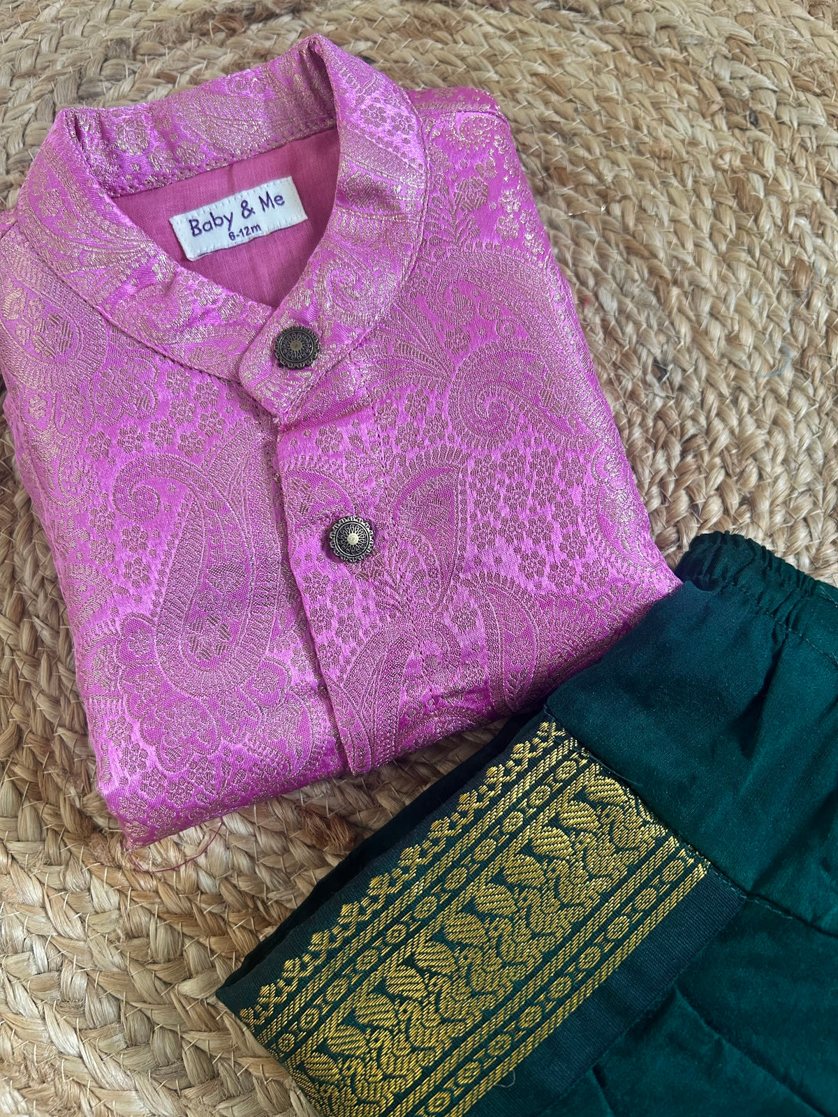 Gulabi Paisley Light Pink Banarasi kurta with traditional Bottle green dhoti ethnic wear for baby boy
