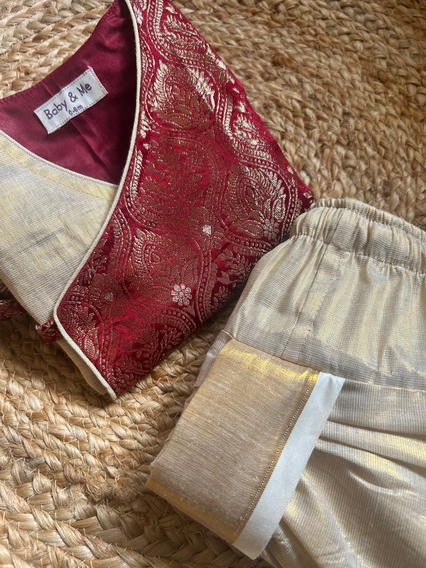 Maroon banarasi angrakha with traditional gold dhoti ethnic wear for baby boy