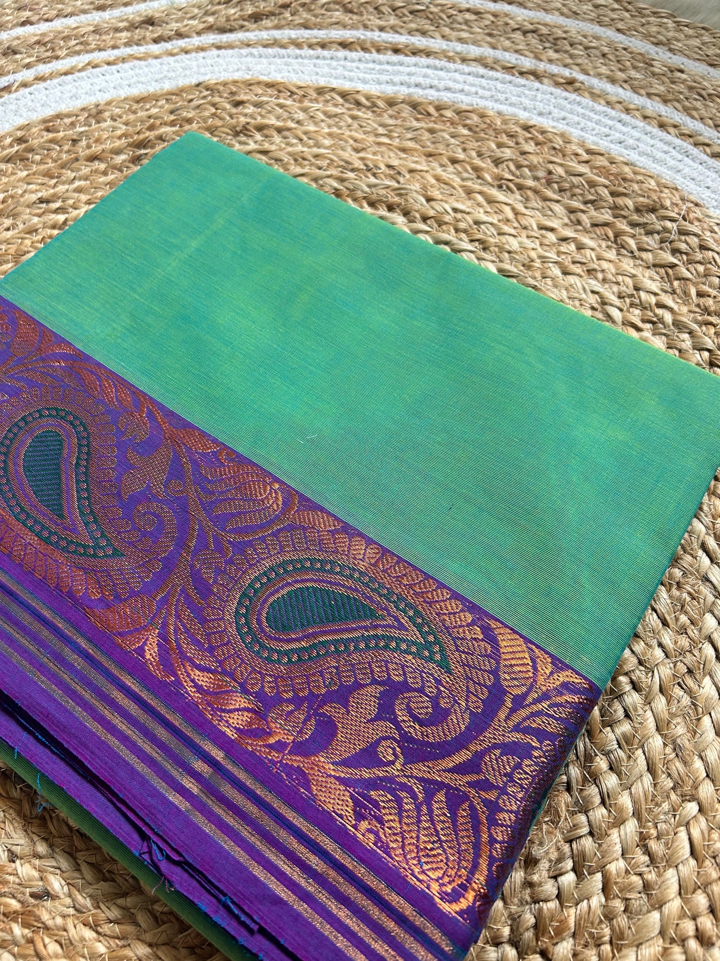 Turquoise Green & Purple Handloom Silk Cotton Saree with Gold Zari Paisley Border