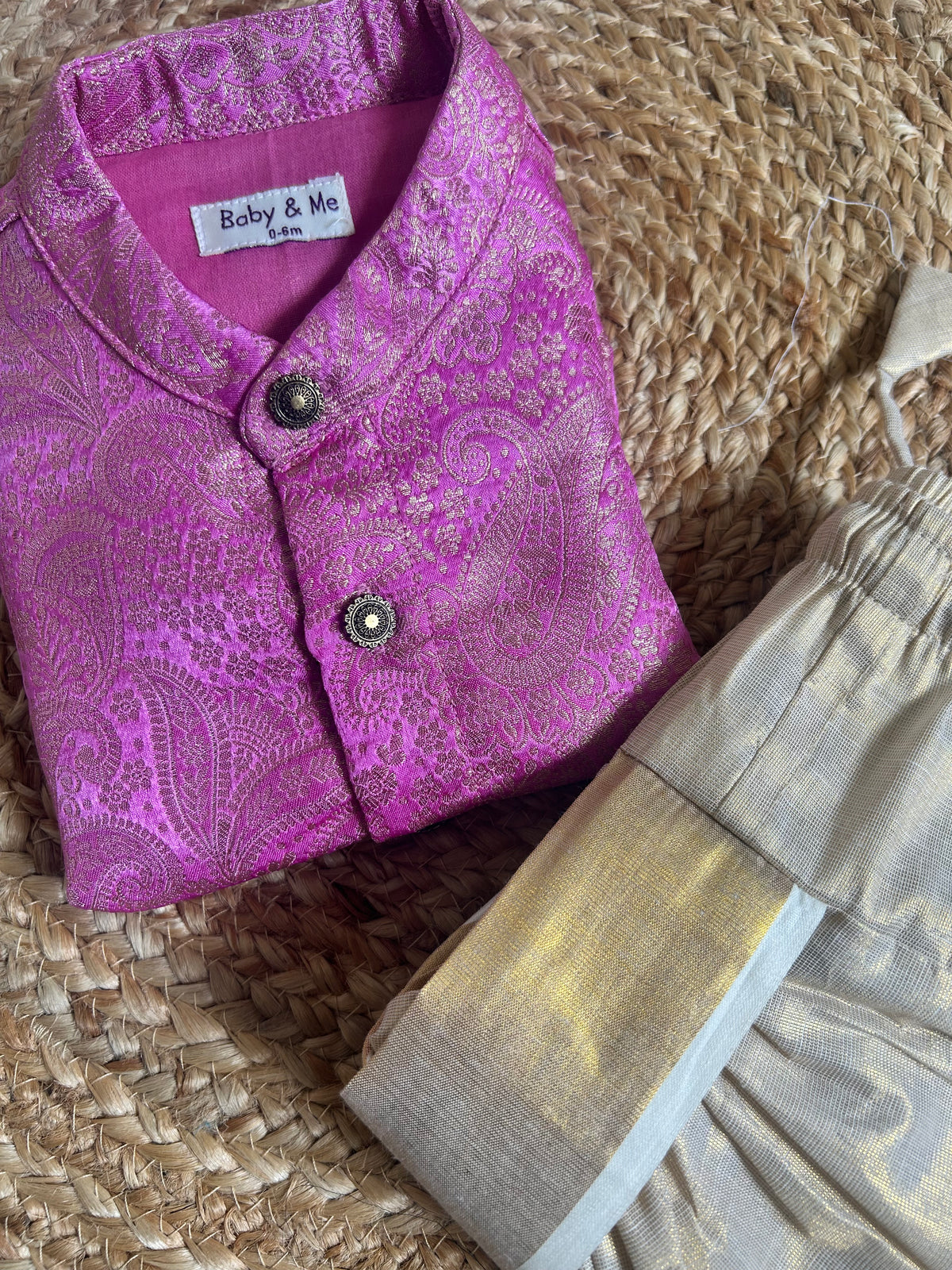 Gulabi Paisley Light Pink Banarasi kurta with traditional gold dhoti ethnic wear for baby boy