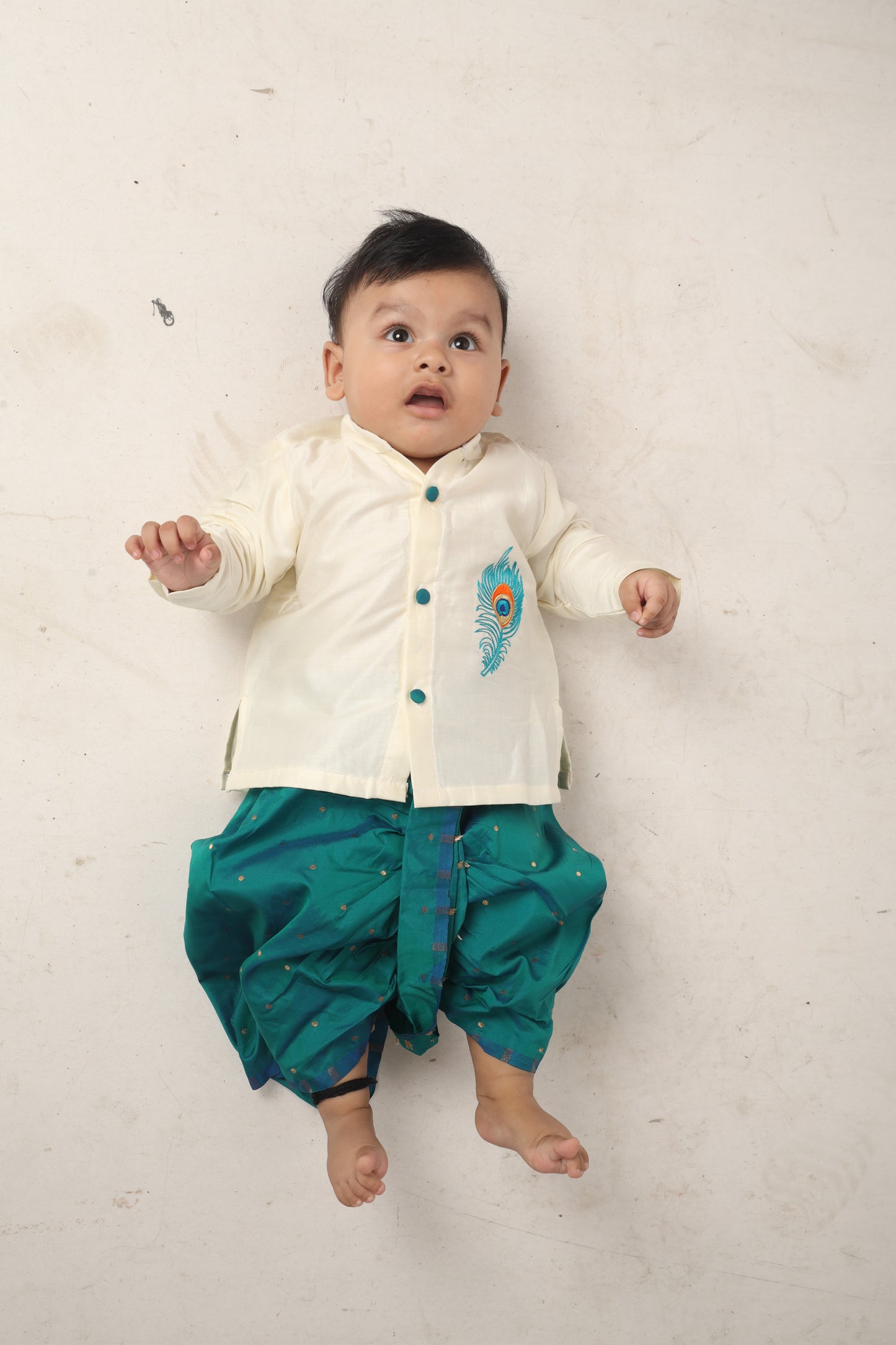 Baby Boy Krishna Dress - White and peacock blue feather embroidered kurta dhoti ethnic dress for baby boy
