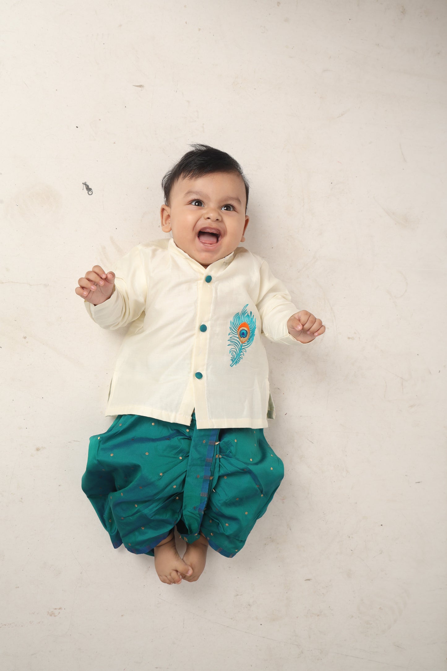 Baby Boy Krishna Dress - White and peacock blue feather embroidered kurta dhoti ethnic dress for baby boy