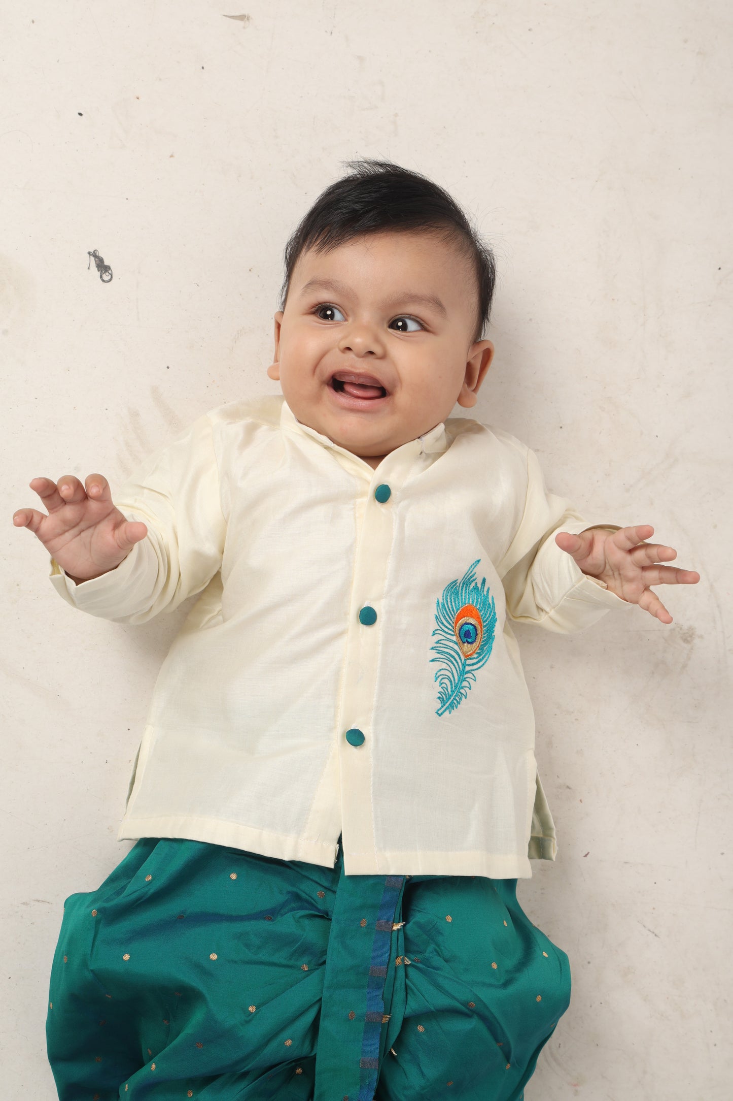 Baby Boy Krishna Dress - White and peacock blue feather embroidered kurta dhoti ethnic dress for baby boy