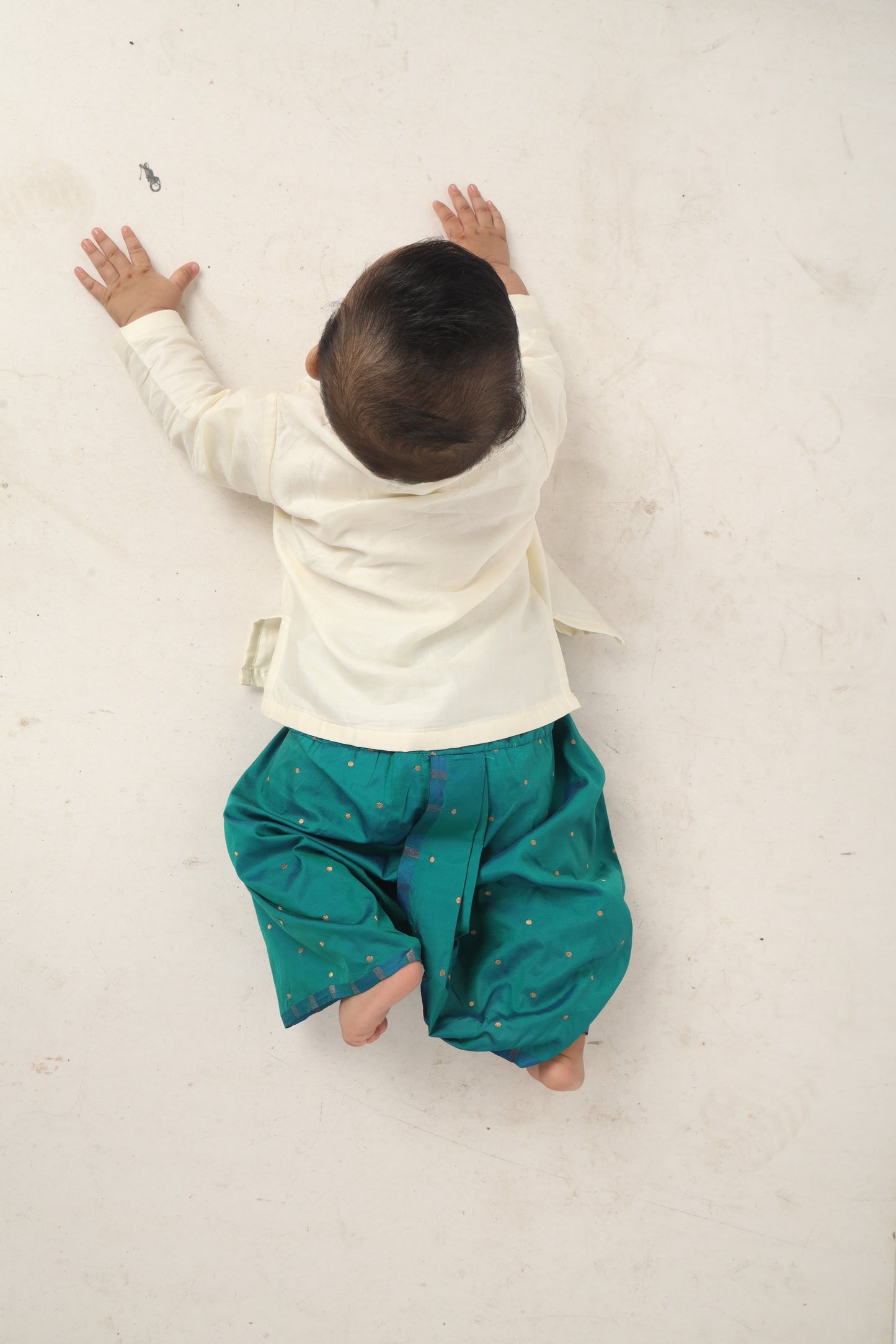 Baby Boy Krishna Dress - White and peacock blue feather embroidered kurta dhoti ethnic dress for baby boy
