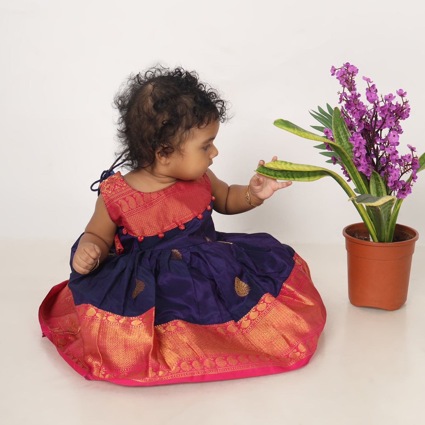 Ahalya - Navy blue with candy pink pattu silk ethnic wear for baby girl