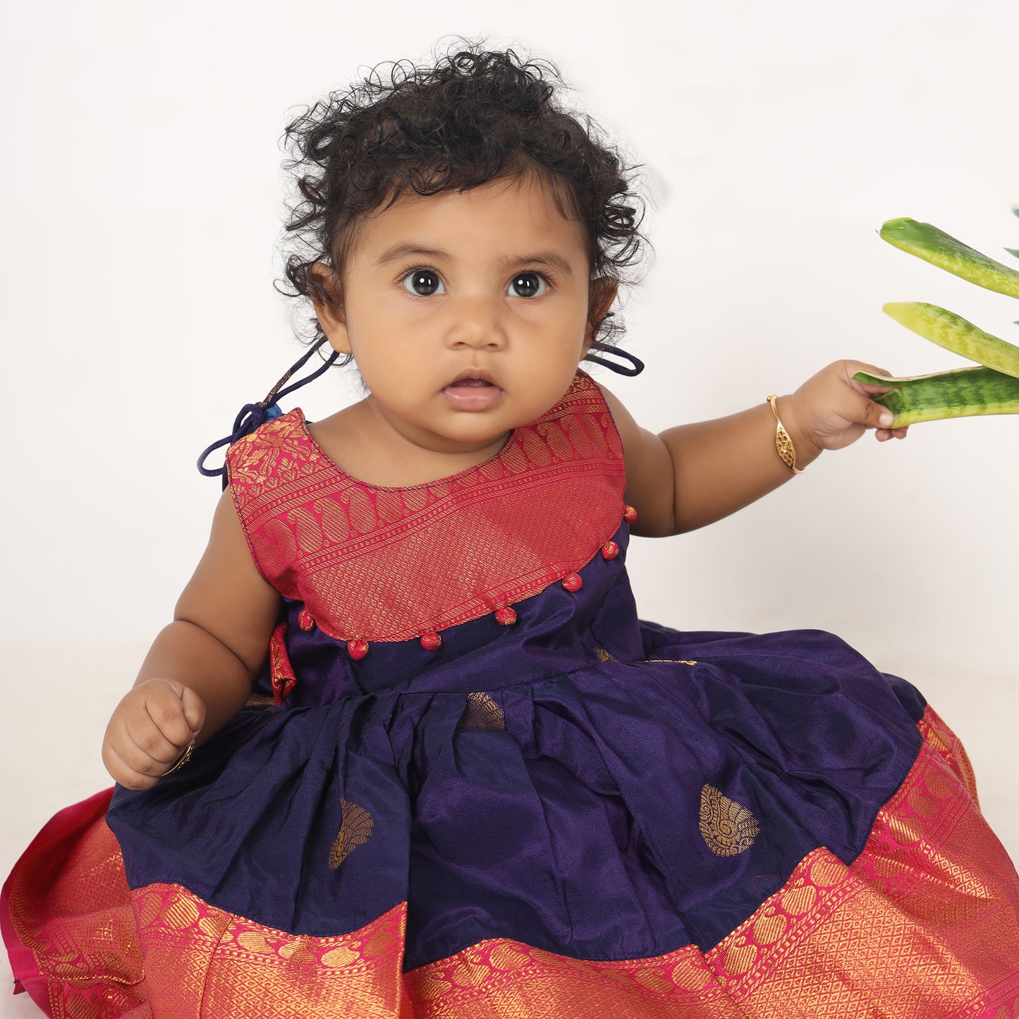 Ahalya - Navy blue with candy pink pattu silk ethnic wear for baby girl