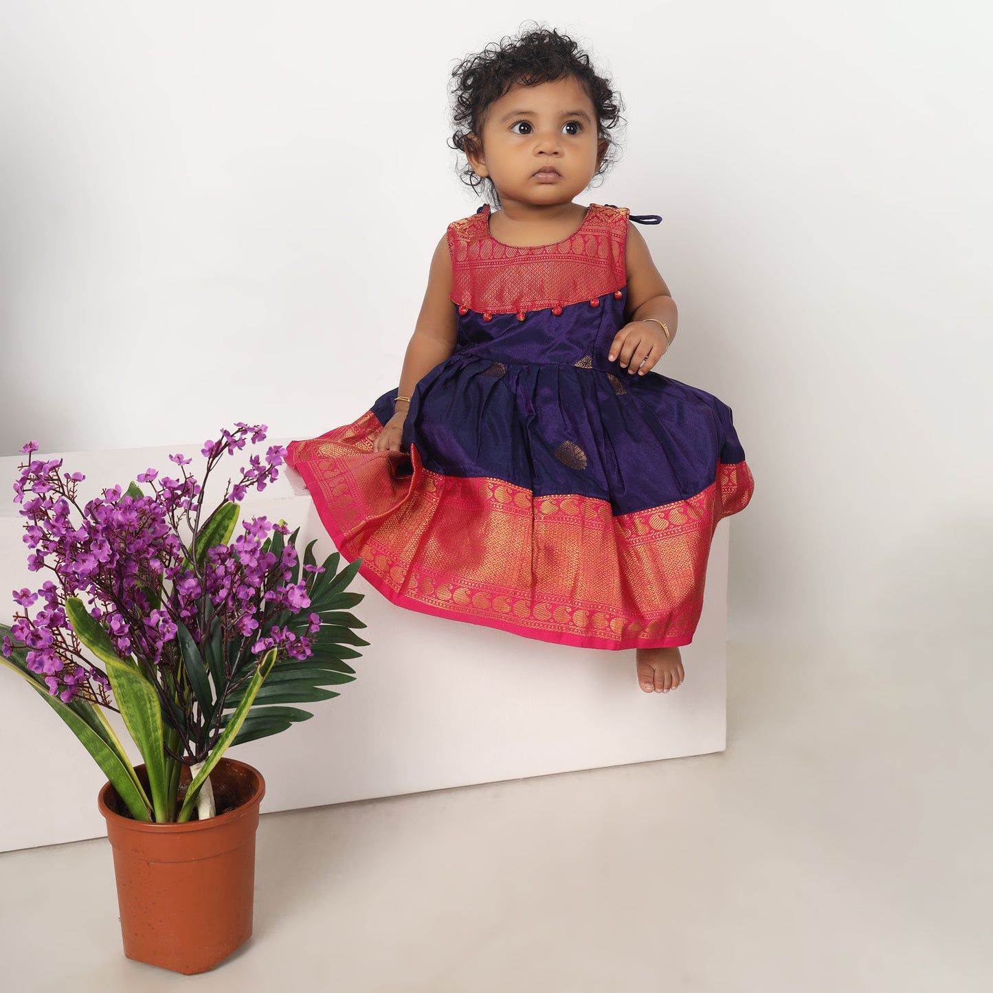 Ahalya - Navy blue with candy pink pattu silk ethnic wear for baby girl