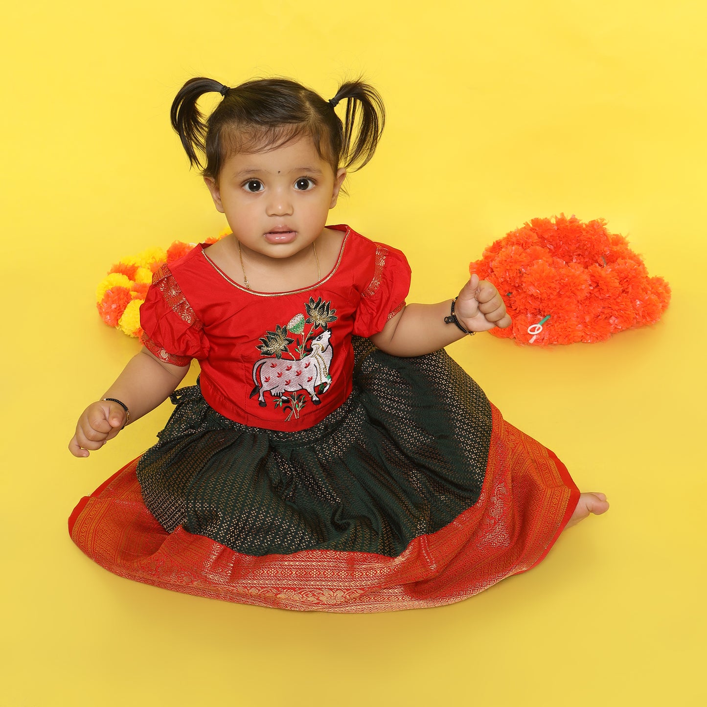Maa Tarini - Candy Red and Forest Green traditional langa blouse kamadenu cow embroidered zari border ethnic wear pattu pavadai silk for baby girl