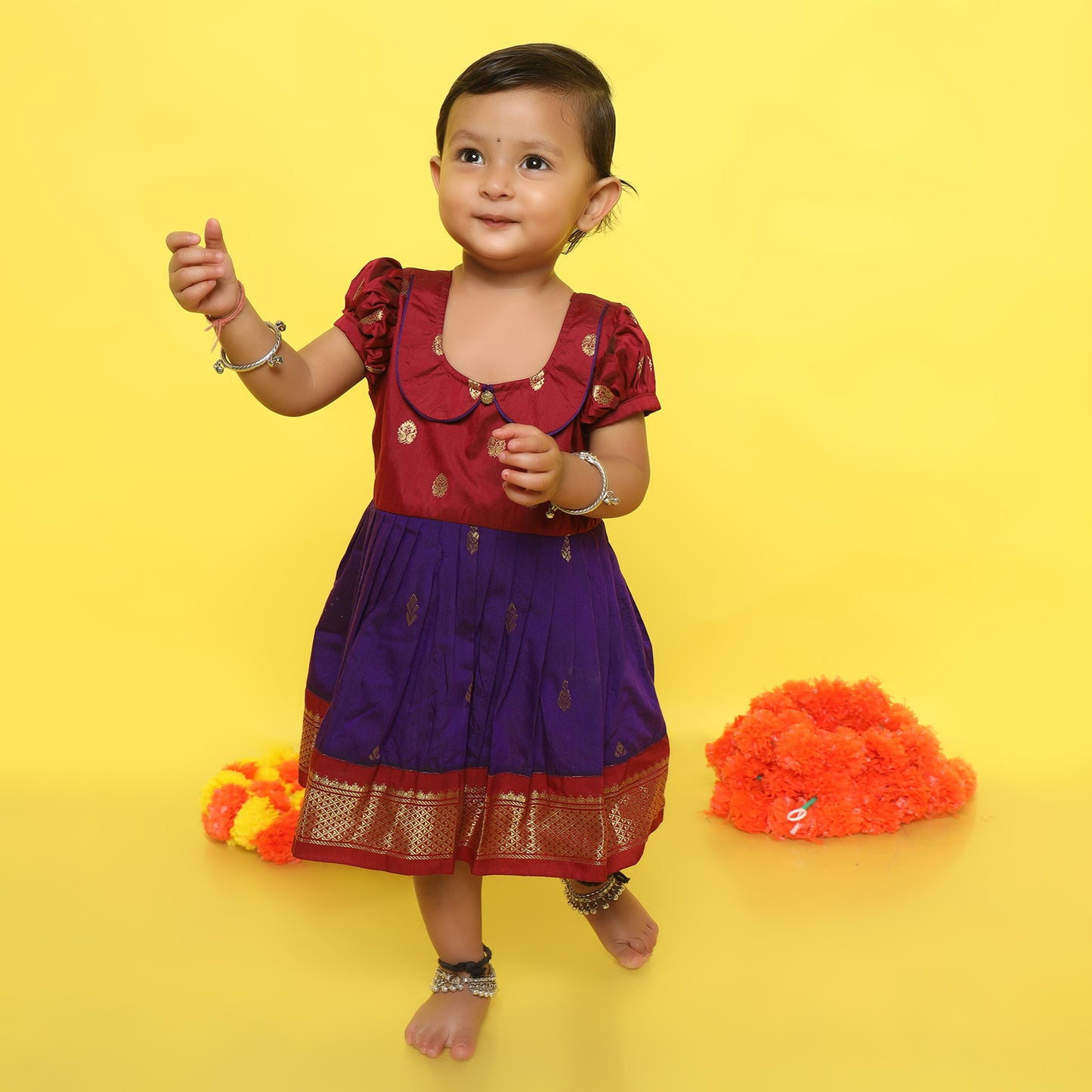Maroon with violet (vintage collar) - Kanchi cotton ethnic Wear Frock for Baby Girl