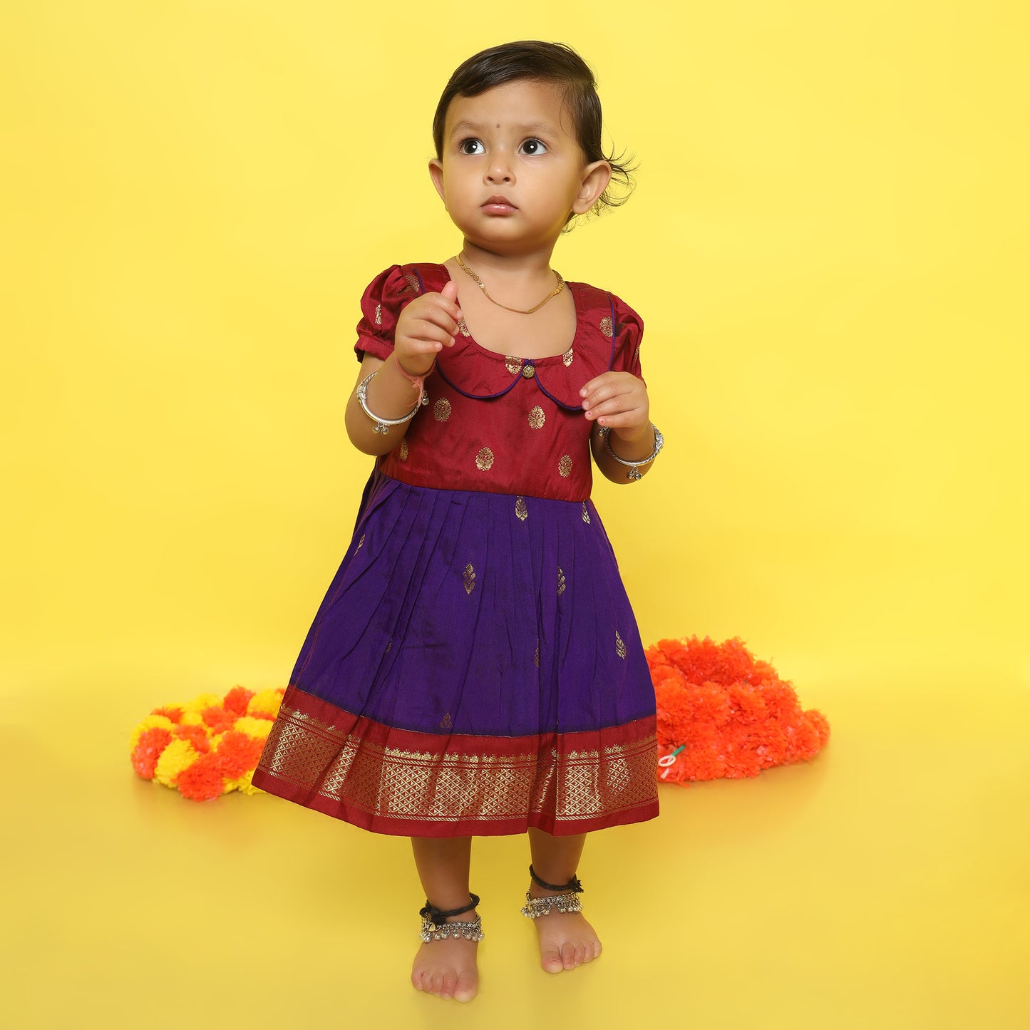 Maroon with violet (vintage collar) - Kanchi cotton ethnic Wear Frock for Baby Girl