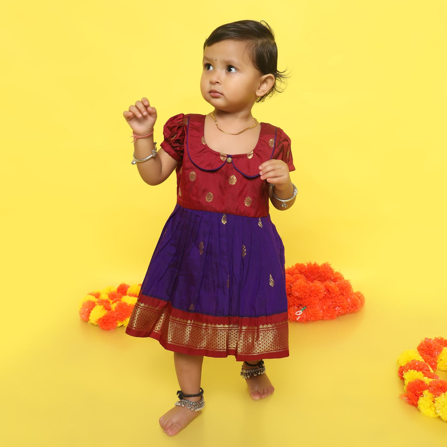 Maroon with violet (vintage collar) - Kanchi cotton ethnic Wear Frock for Baby Girl