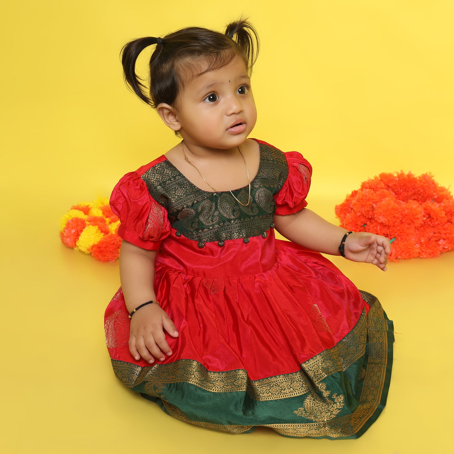 Saadhavi - Orange with bottle green pattu silk ethnic wear for baby girl