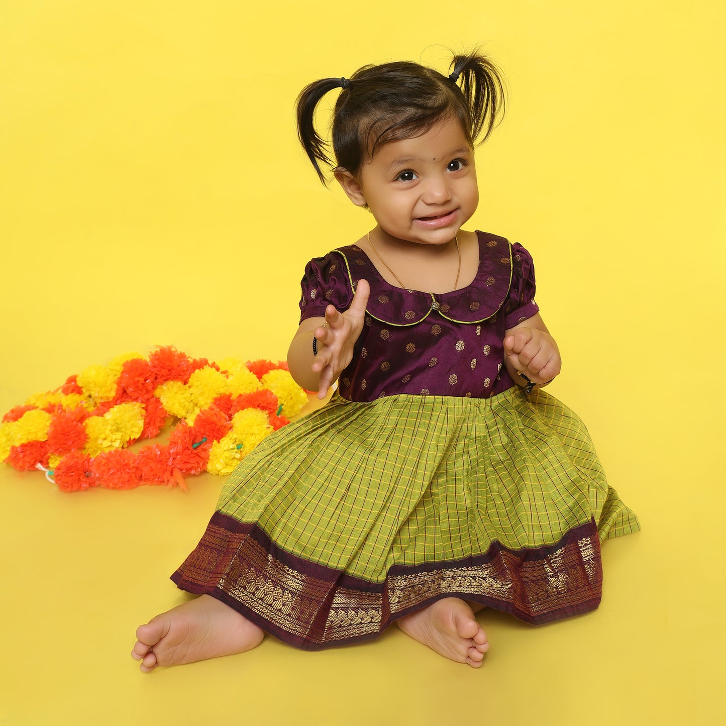 Wine and Checked Green (vintage collar) - Kanchi Cotton Silk Ethnic Wear for Baby Girl