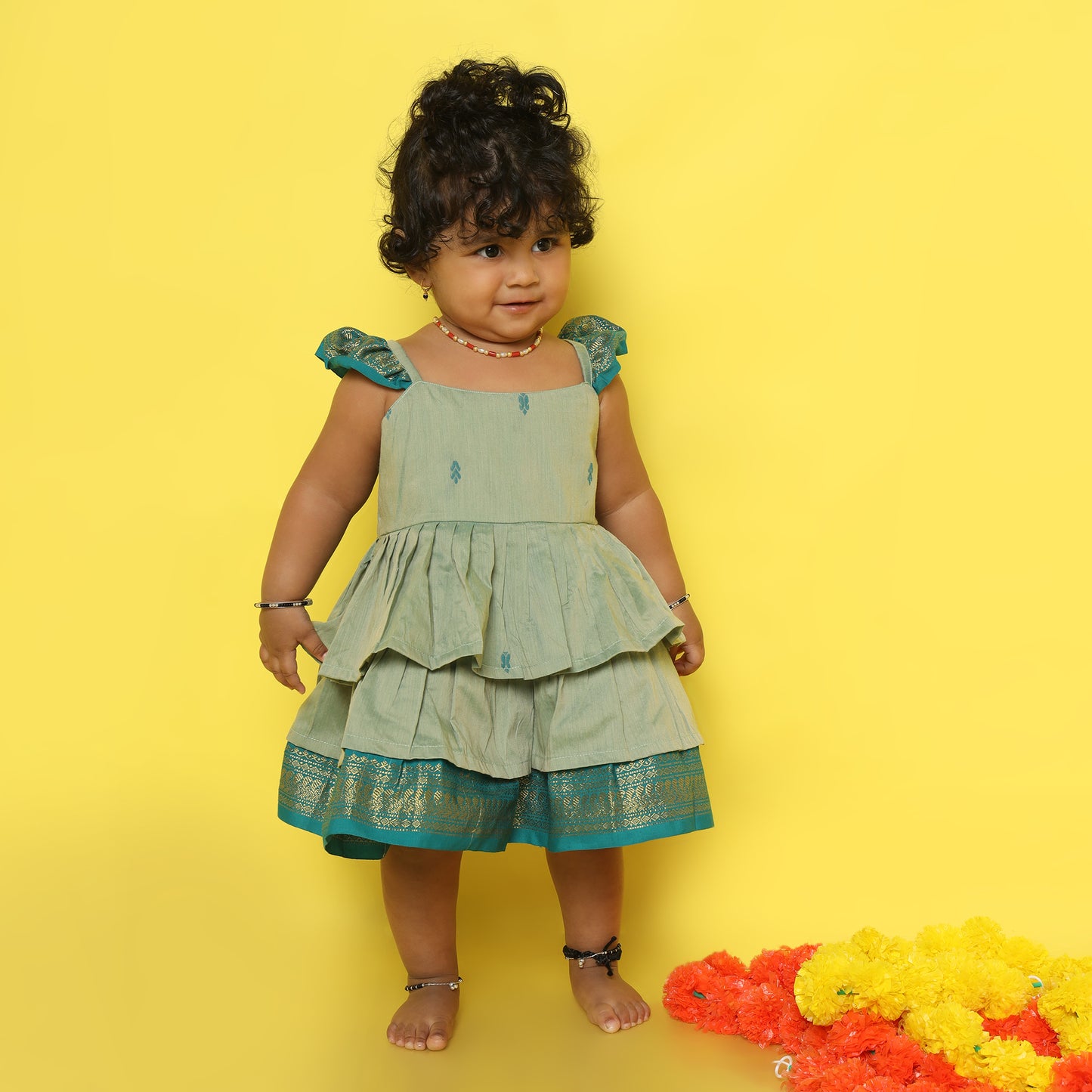 Rama green - Cotton Silk 3 Layered South Indian Ethnic Frock for Baby Girl