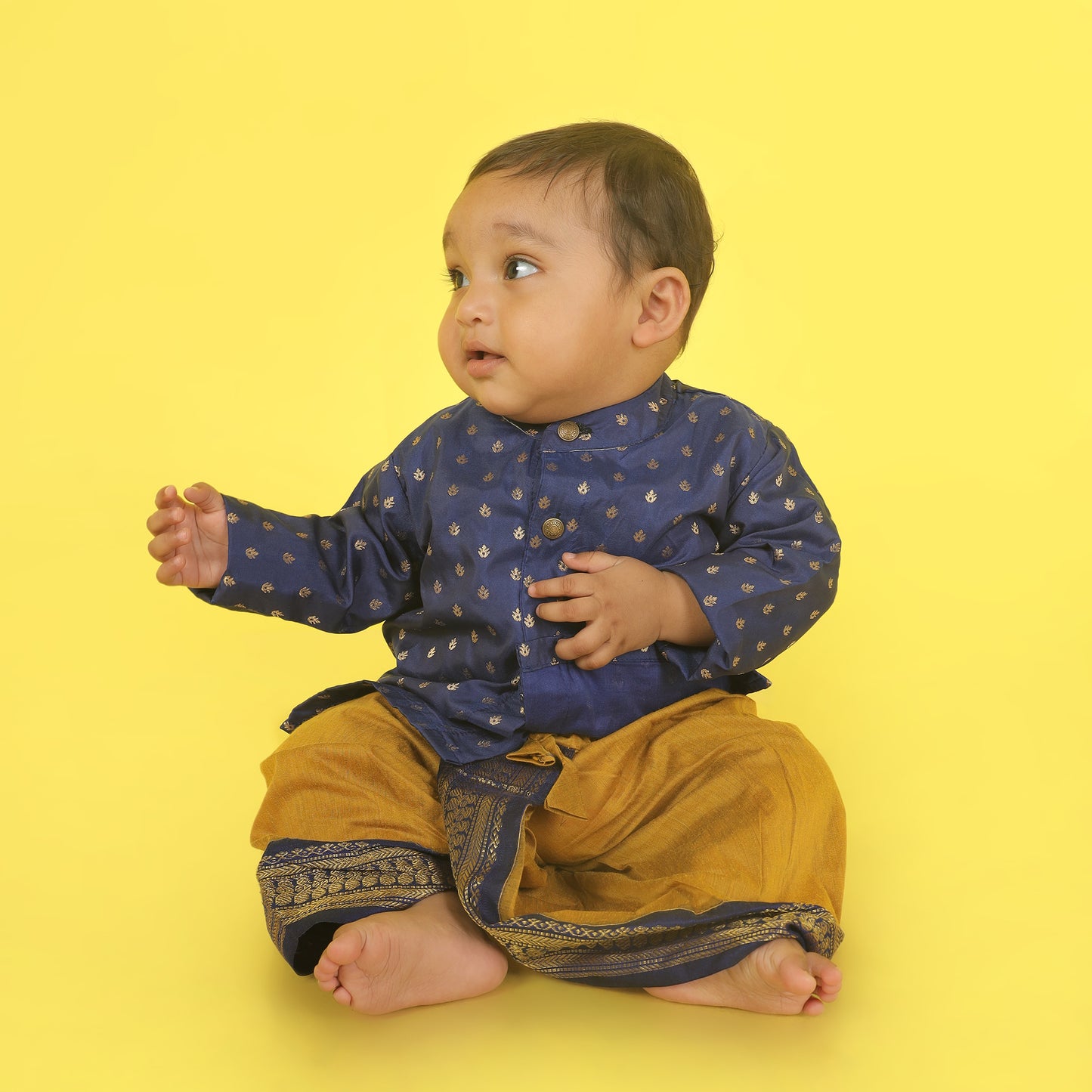 Navy Blue and Mustard Yellow Semi Silk Baby Boy Kurta Dhoti Set