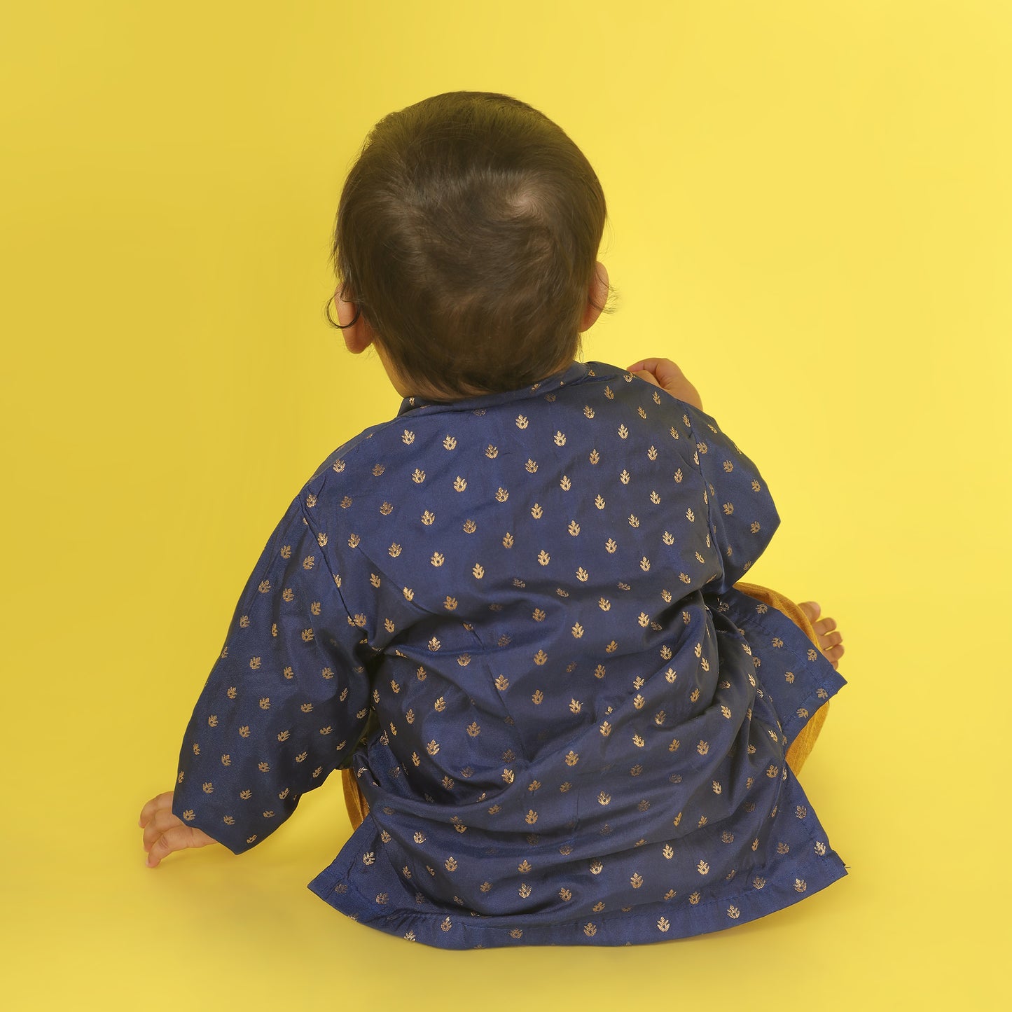 Navy Blue and Mustard Yellow Semi Silk Baby Boy Kurta Dhoti Set