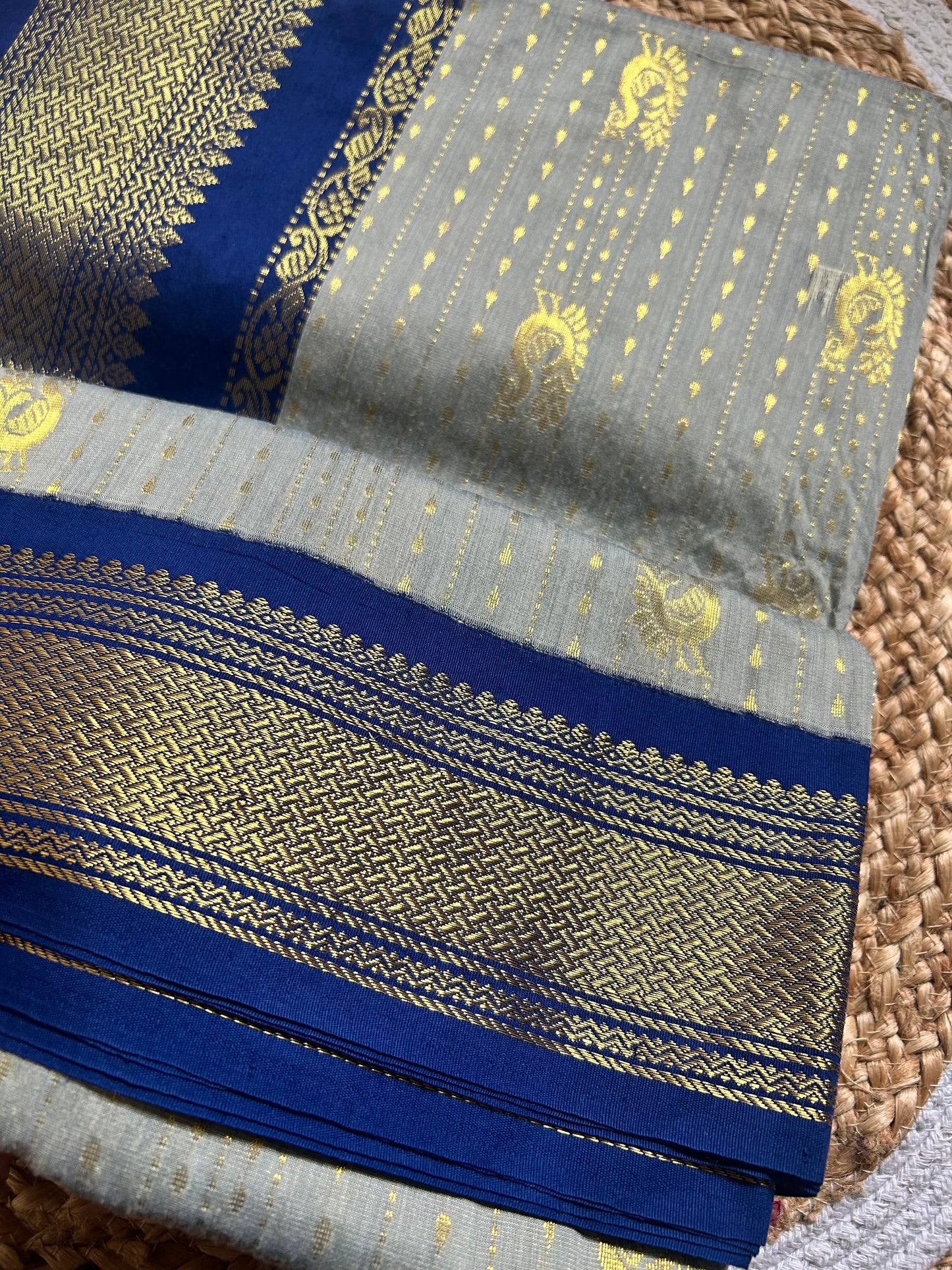 Navy Blue & Ash Grey Handloom Silk Cotton Saree with Gold Zari Peacock Border