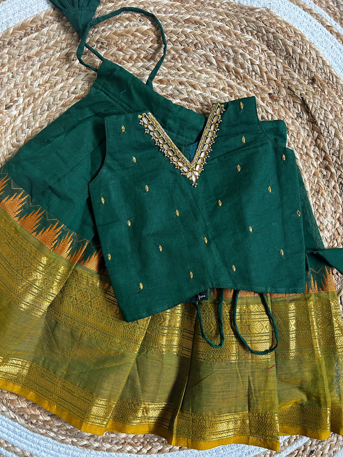 ಹಸಿರು (hasiru) kanchi silk cotton sleeveless heritage langa blouse for baby girl