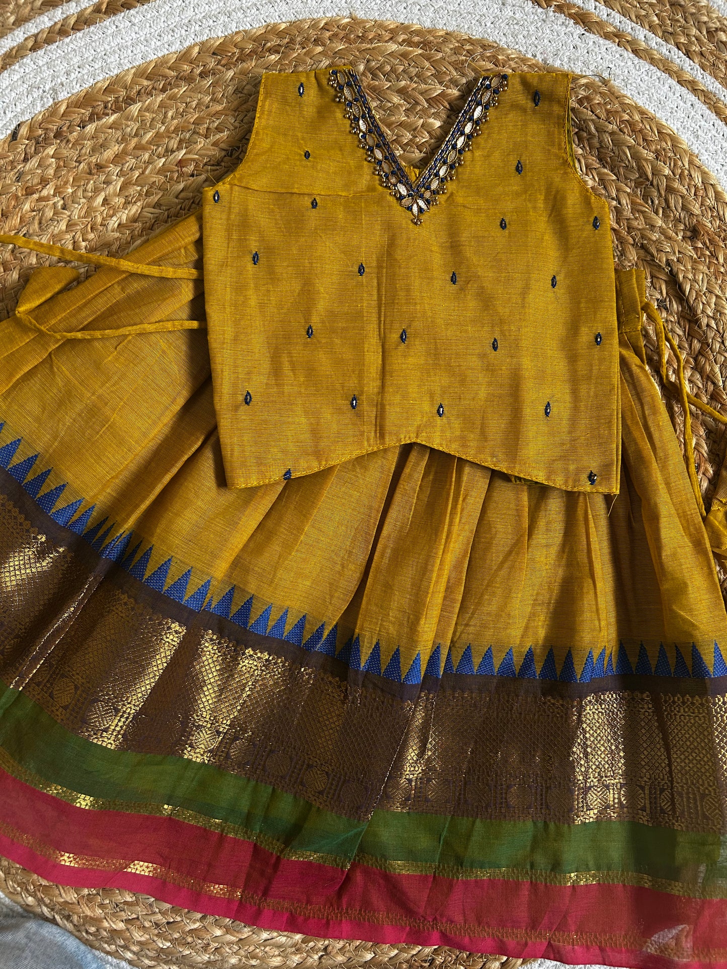 ಹಳದಿ (haladi) kanchi silk cotton sleeveless heritage langa blouse for baby girl