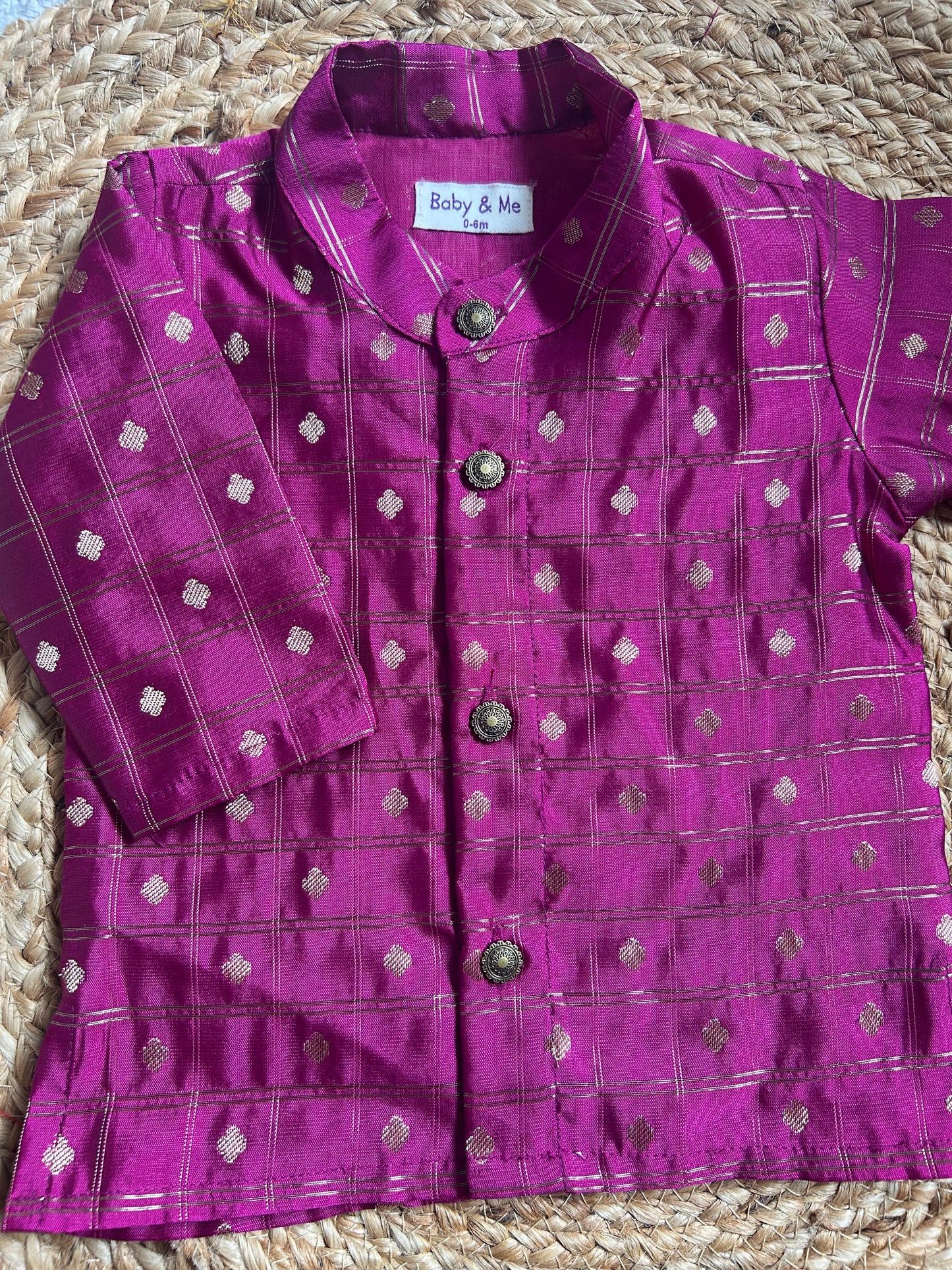 Dark pink with cream reshme chowka Kurta Dhoti for baby boy - Festive Collection