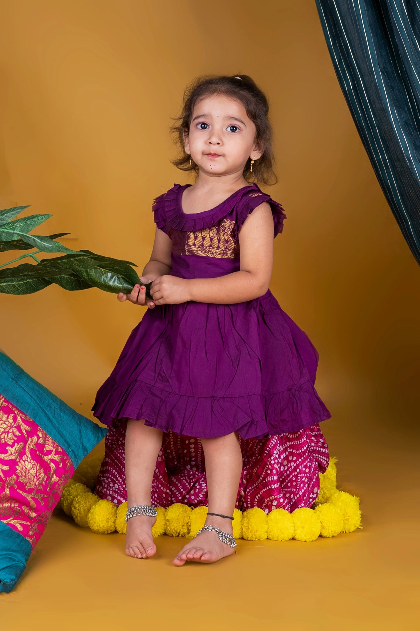 Grape wine - frock & cotton silk saree mom and daughter combo set