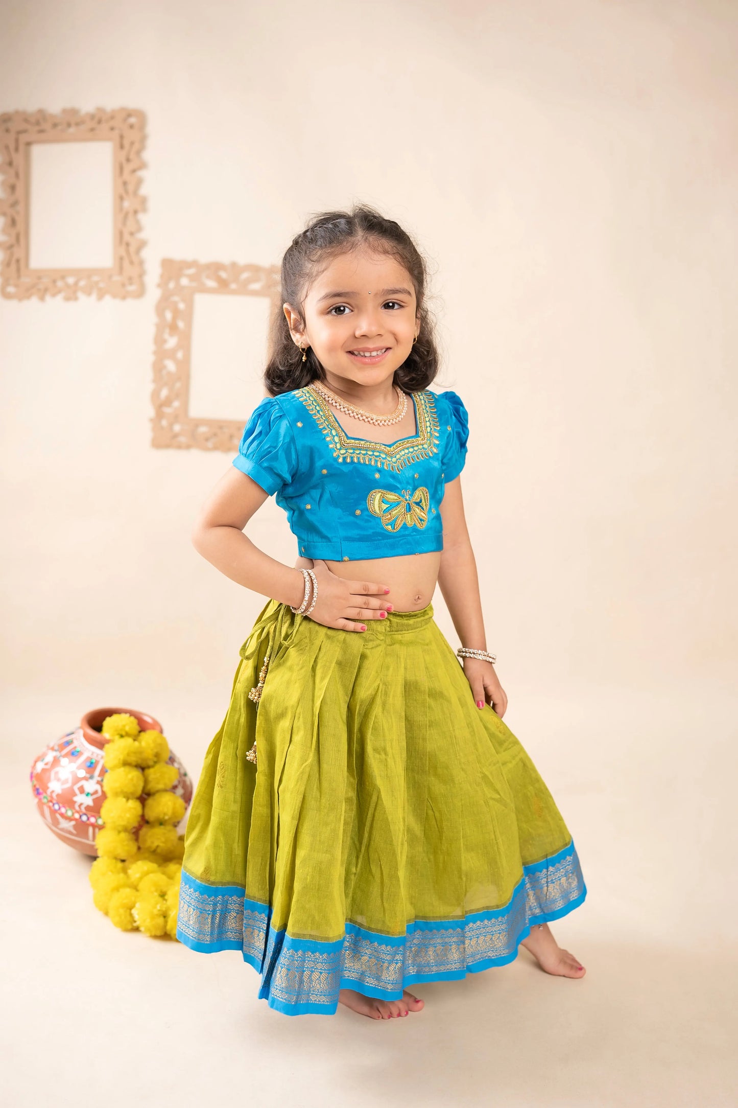 Electric Blue with Algae Green Ethnic Langa Blouse Lehenga Dress for Baby Girl