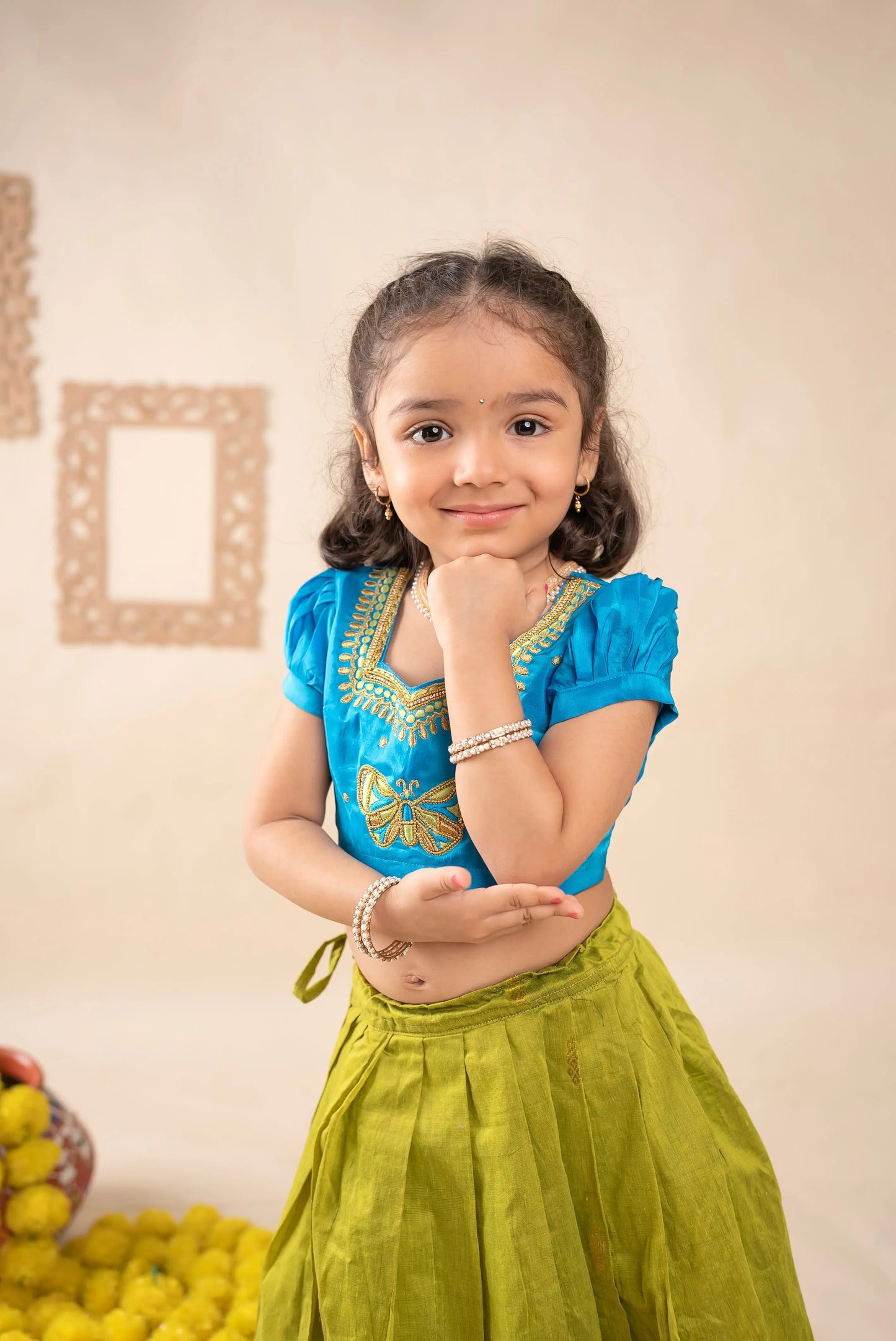 Electric Blue with Algae Green Ethnic Langa Blouse Lehenga Dress for Baby Girl