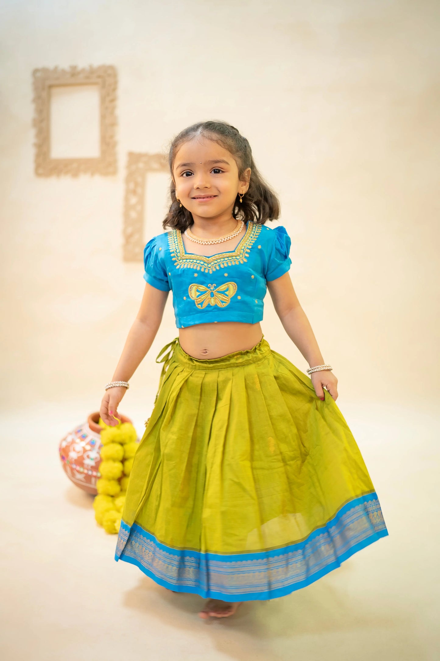 Electric Blue with Algae Green Ethnic Langa Blouse Lehenga Dress for Baby Girl