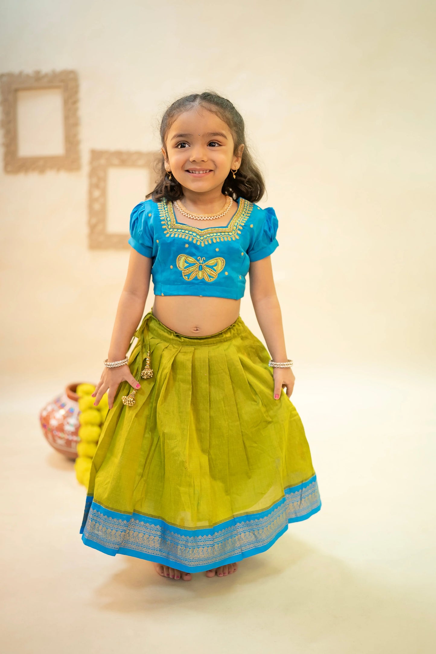 Electric Blue with Algae Green Ethnic Langa Blouse Lehenga Dress for Baby Girl