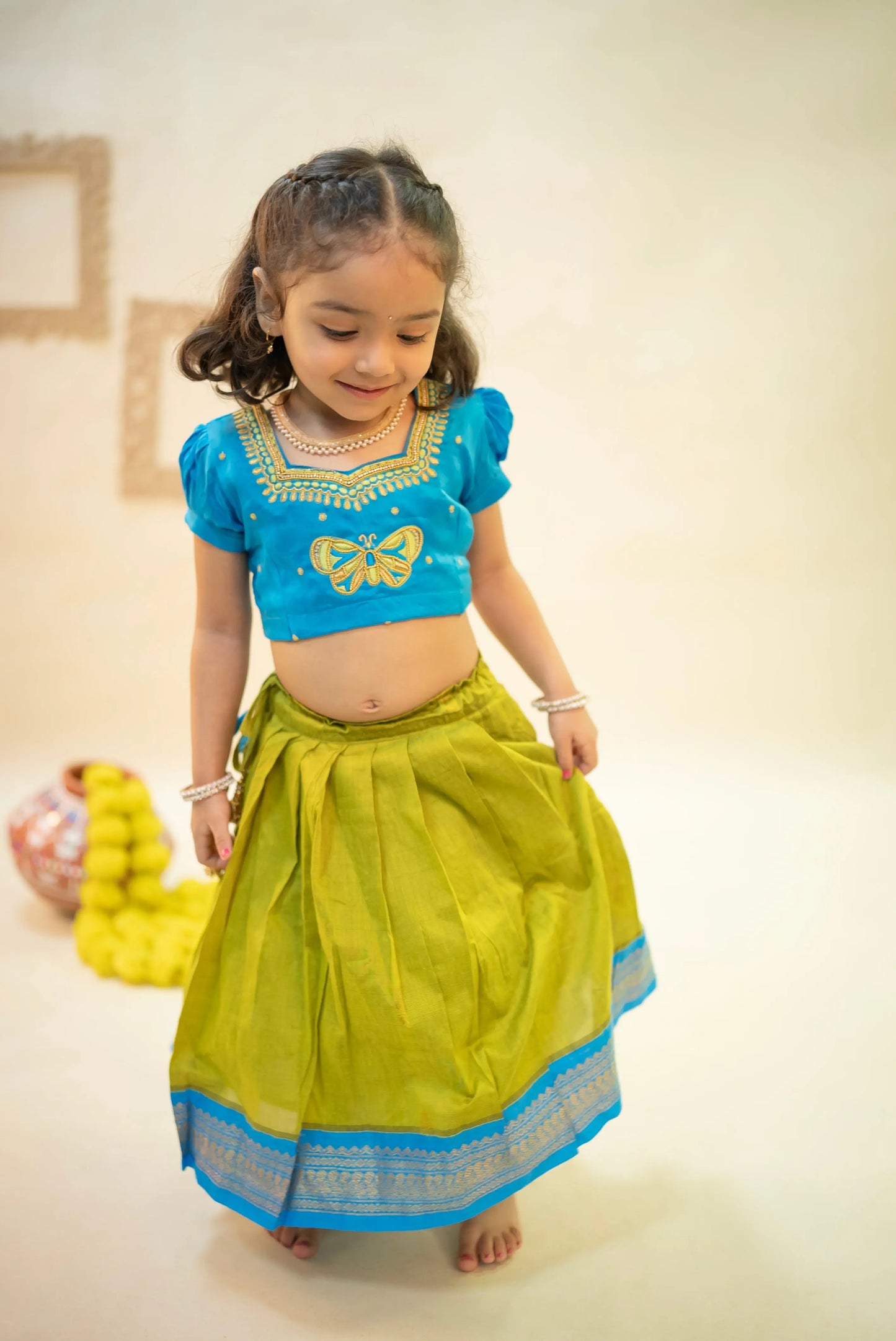 Electric Blue with Algae Green Ethnic Langa Blouse Lehenga Dress for Baby Girl