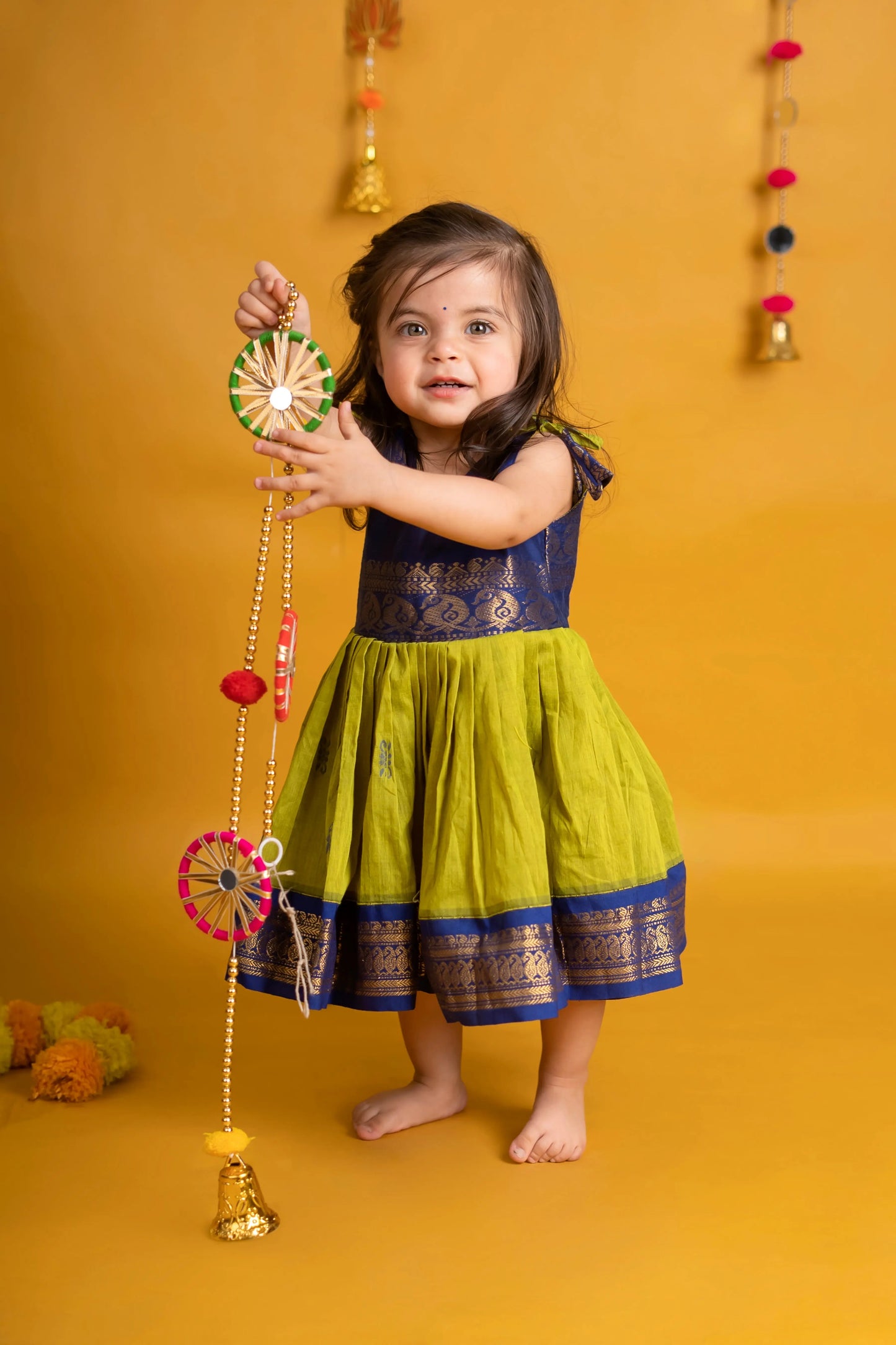 Lime Green and Navy Blue Traditional Dress for Baby Girl – Pure Raw Silk Tie-Up Style