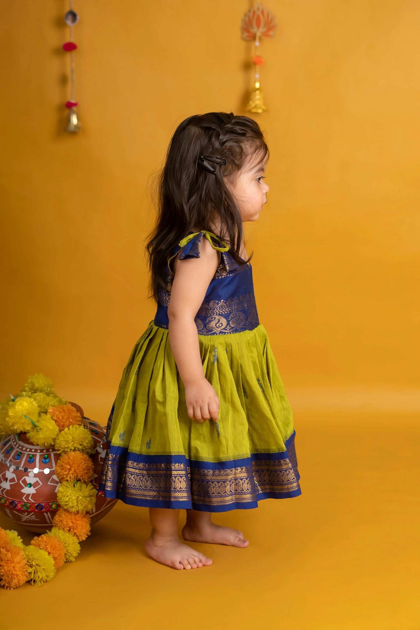 Lime Green and Navy Blue Traditional Dress for Baby Girl – Pure Raw Silk Tie-Up Style