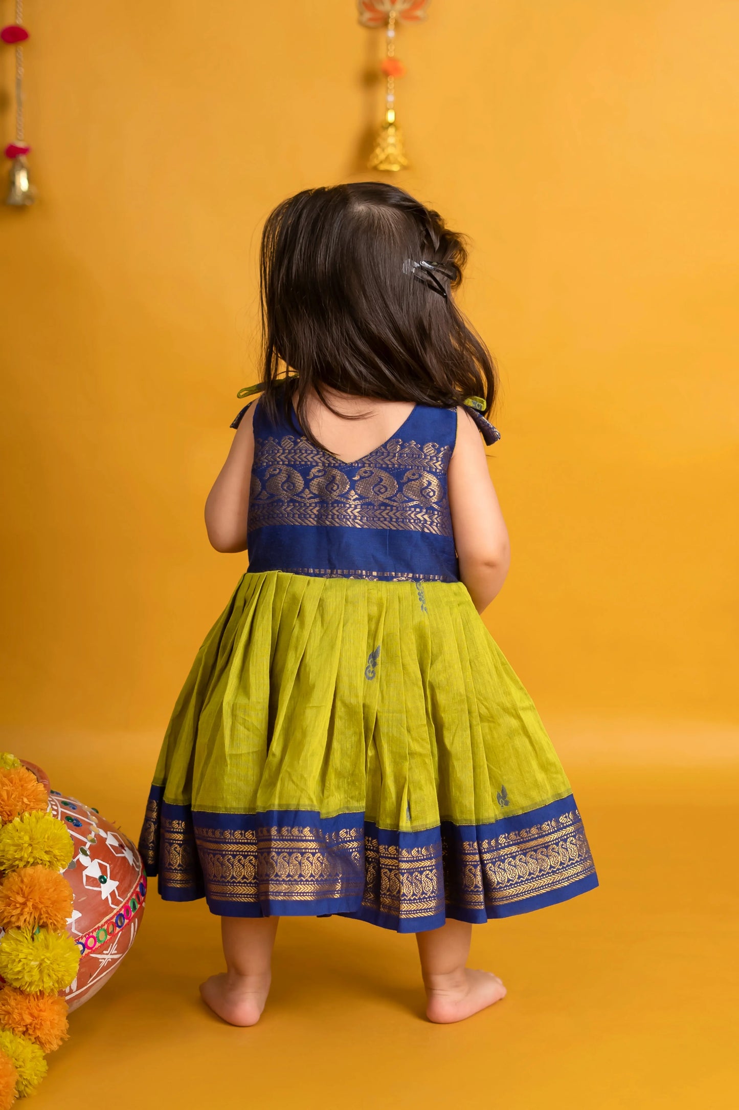 Lime Green and Navy Blue Traditional Dress for Baby Girl – Pure Raw Silk Tie-Up Style