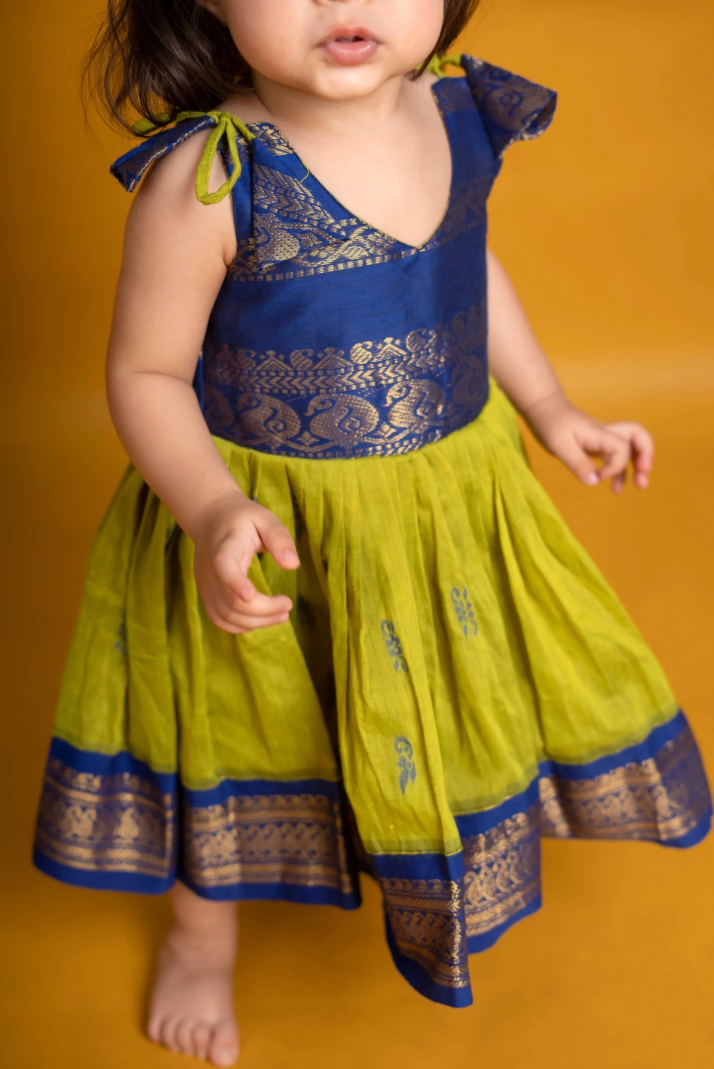 Lime Green and Navy Blue Traditional Dress for Baby Girl – Pure Raw Silk Tie-Up Style
