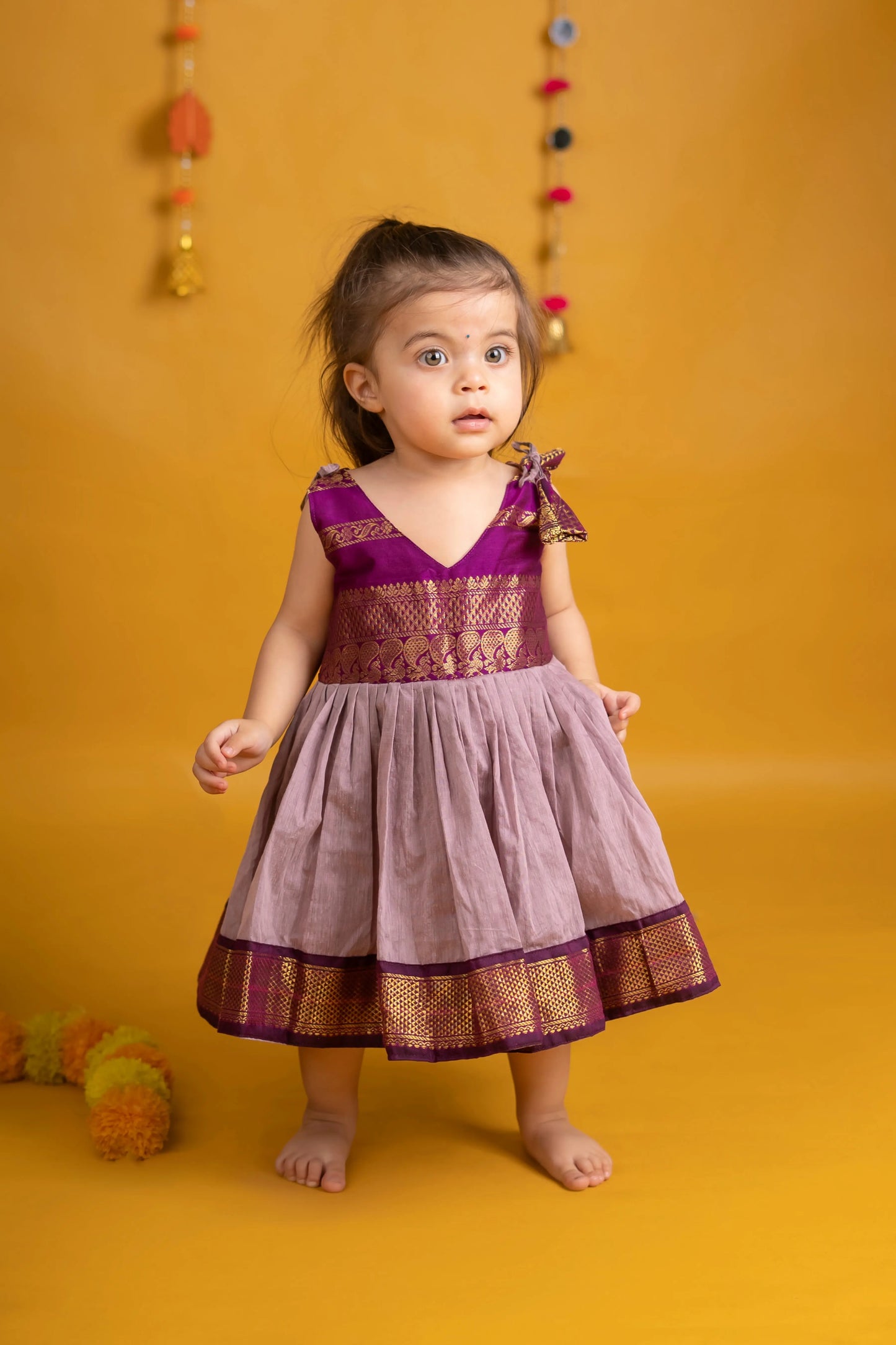 Wine and Lavender Tie-Up Ethnic Wear for Girls – Soft Kalyani Cotton Dress with Zari Border