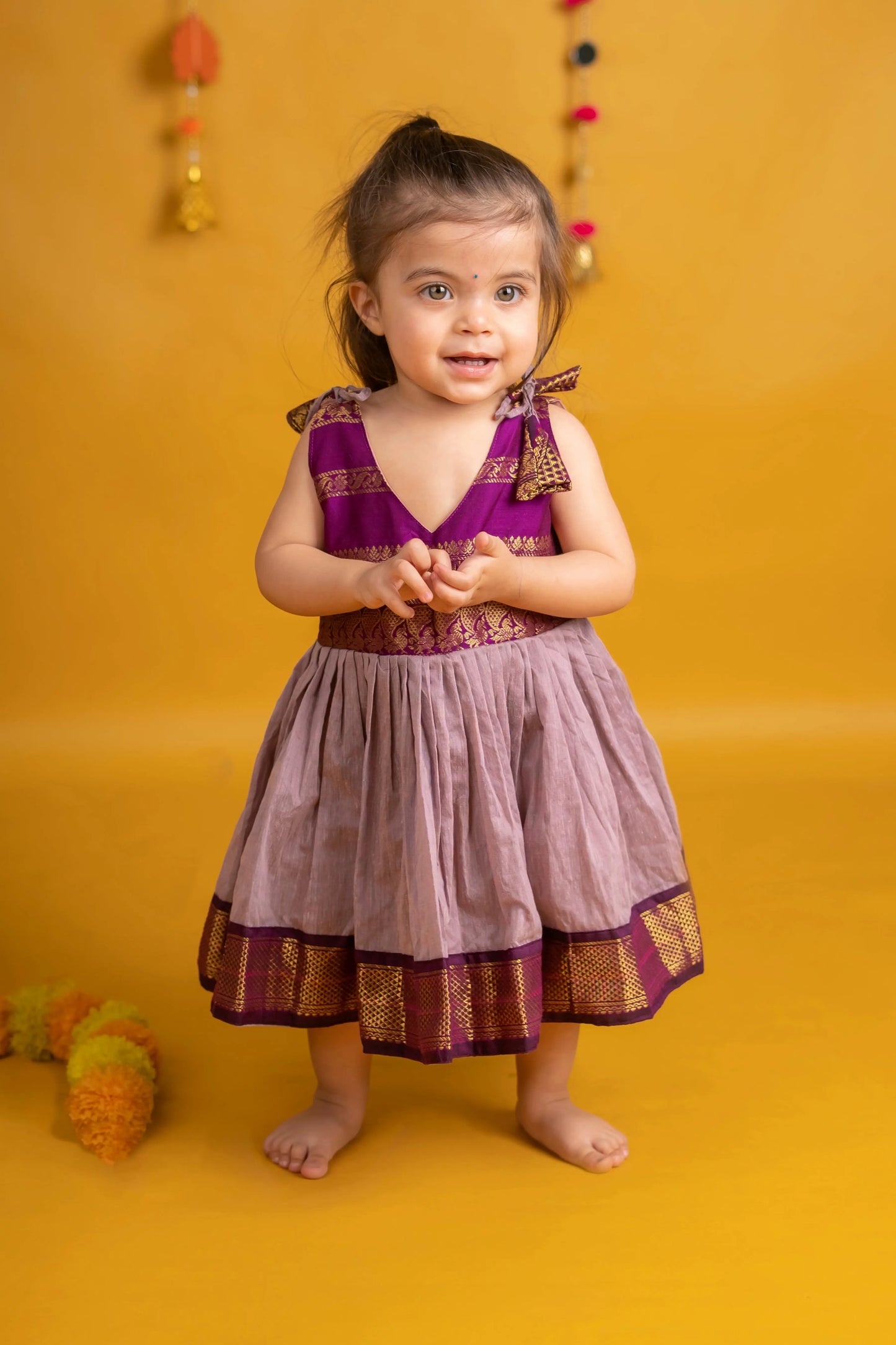 Wine and Lavender Tie-Up Ethnic Wear for Girls – Soft Kalyani Cotton Dress with Zari Border