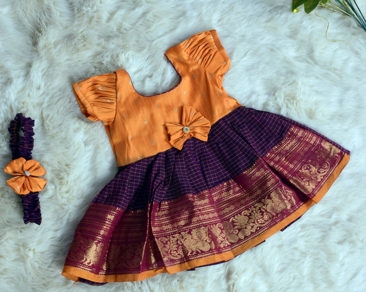 Saffron Yellow and checked purple (Vintage Bow) - Kanchi Cotton Silk South Indian Ethnic Frock for Baby Girl