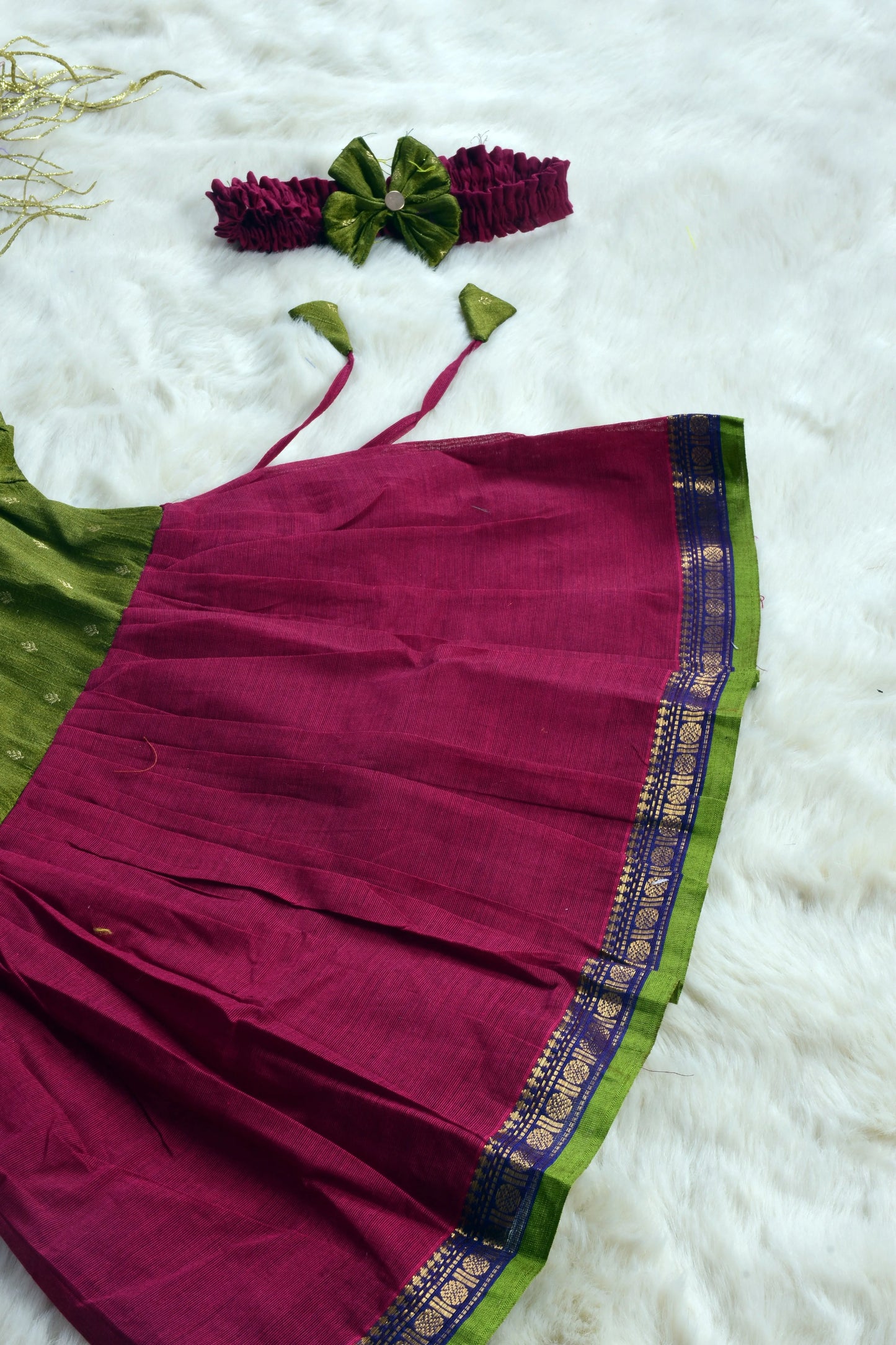 Olive green and dark pink (Vintage Collar) - Kanchi Cotton Silk South Indian Ethnic Frock for Baby Girl